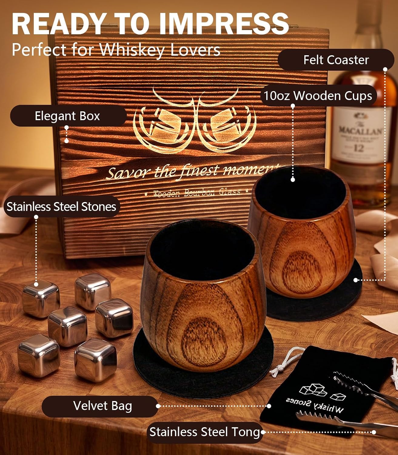 Detalle de Wooden Whiskey Glass Set, Charred Oak