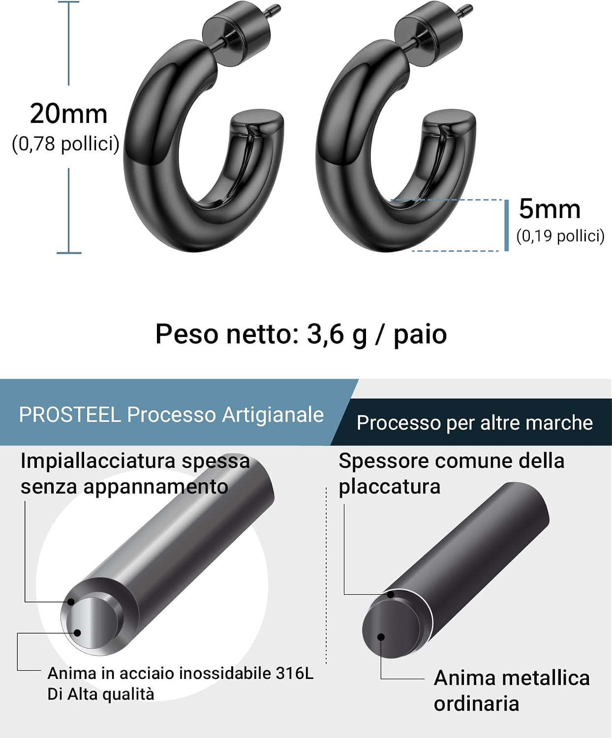 Thumbnail 2 de PROSTEEL Orecchini a cerchio colonne circolare vuoto in acciaio inox 316L (20/30/40/60/80 mm)