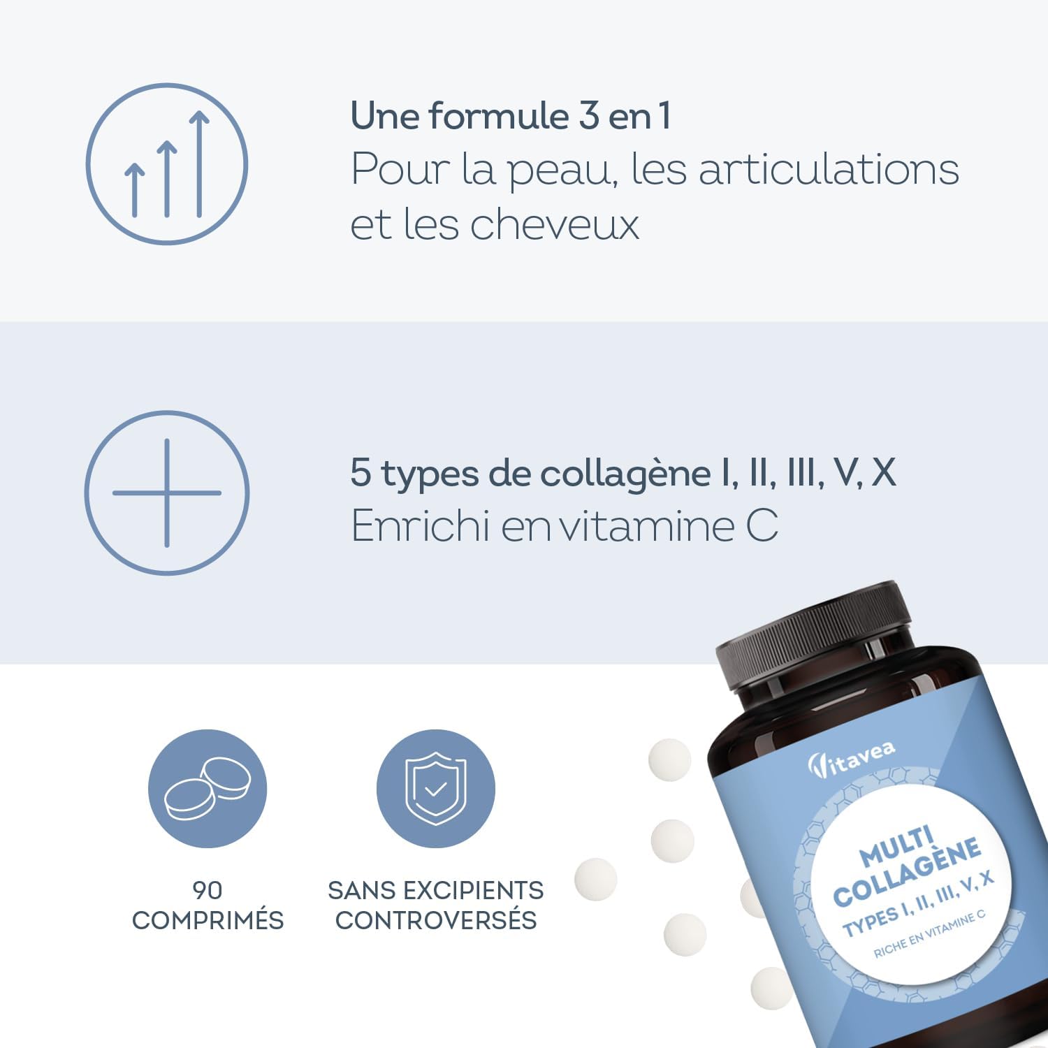 Thumbnail 1 de Vitavea Multi Collagène 5 Types I, II, III, V, X – Peptide de Collagène Hydrolysé & Marin, 90 comprimés