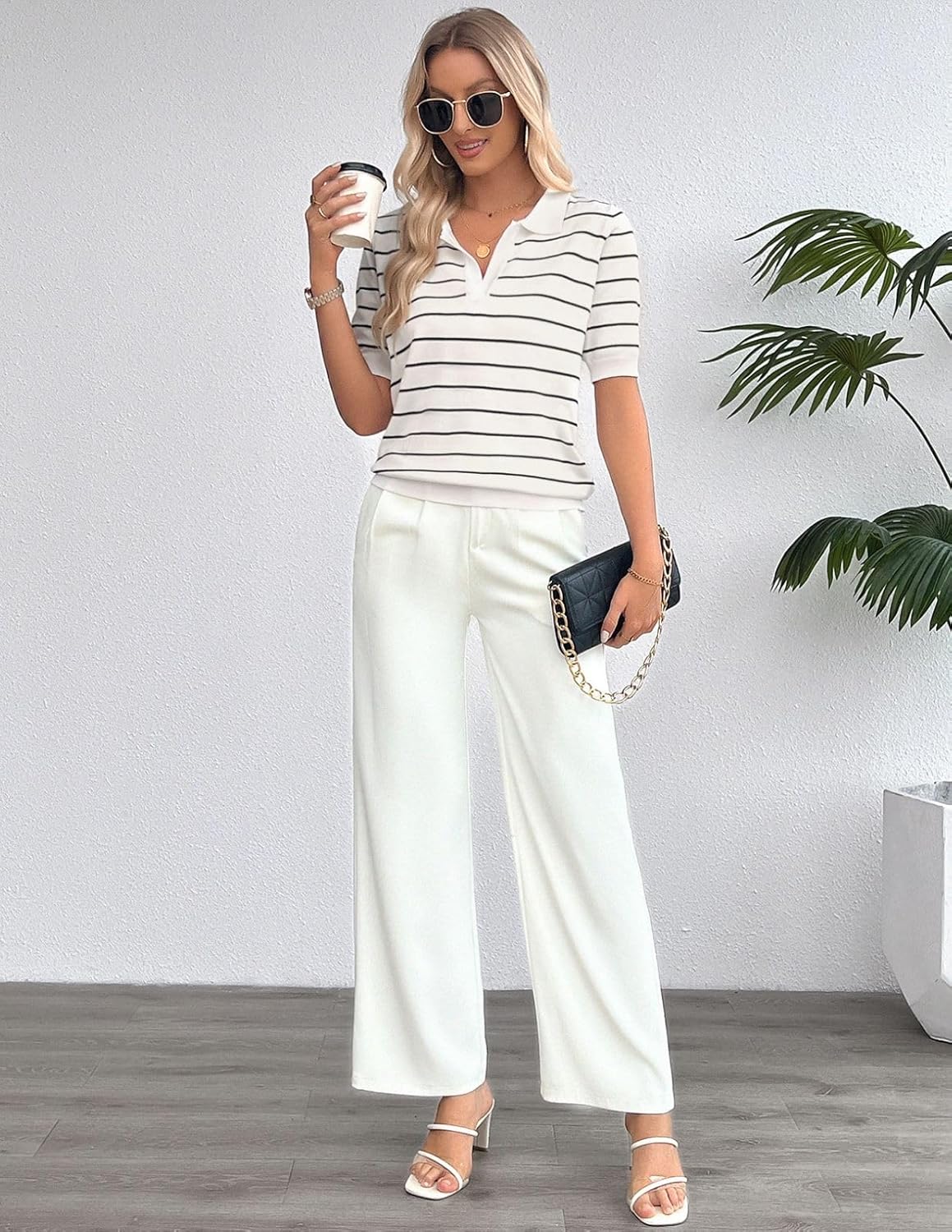 Thumbnail 6 de Kate Kasin Women’s Short Sleeve Polo Sweater (V-Neck Knitted Top)