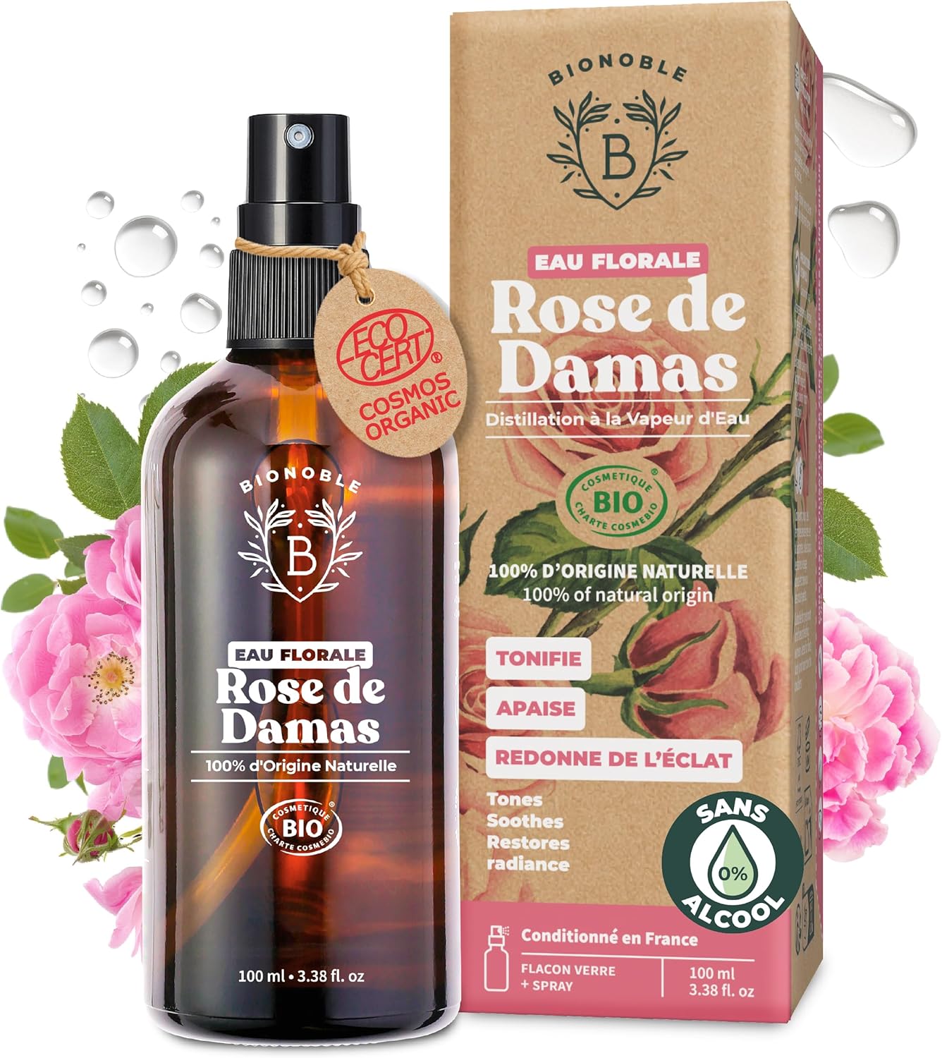 BIONOBLE Eau de Rose Bio, Hydrolat 100 ml — Tonifie, Apaise et Redonne Éclat