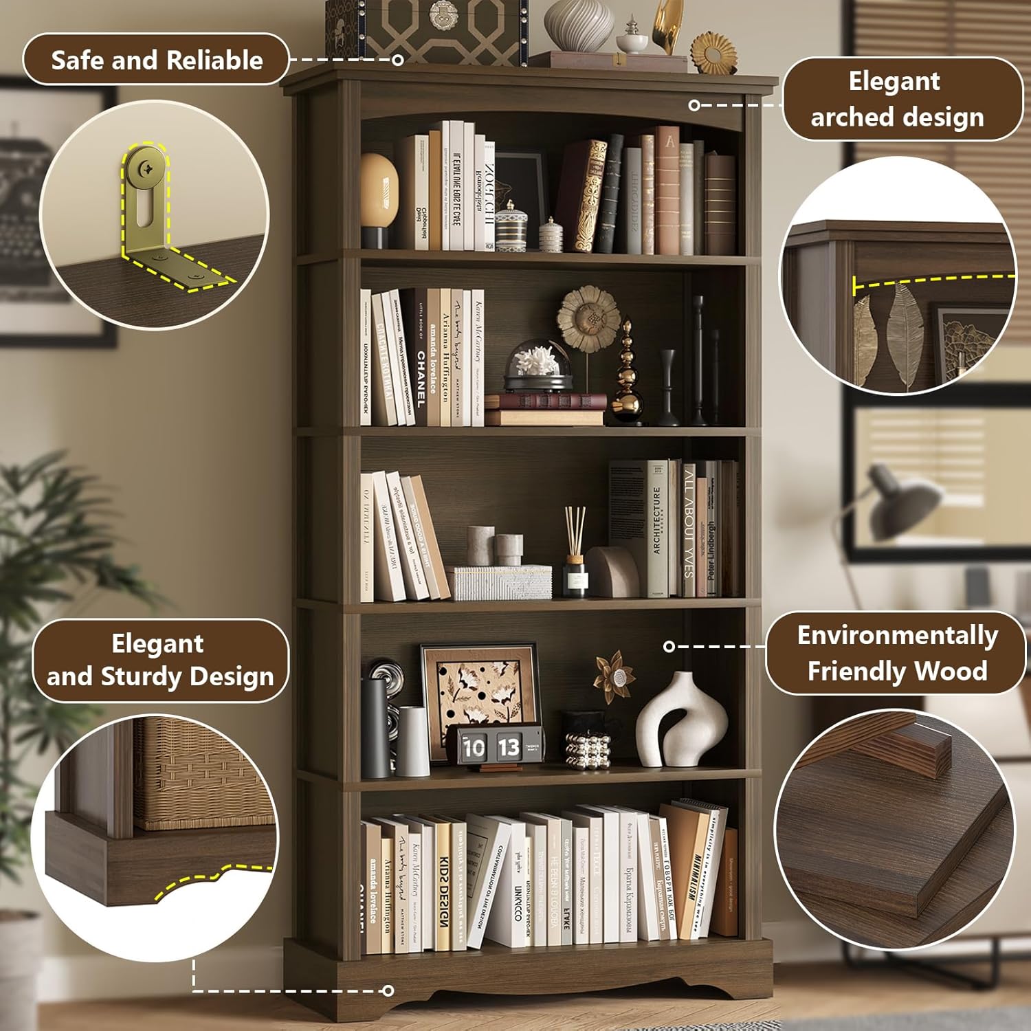 Thumbnail 4 de TVU 5-Tier Wooden Bookshelf (Brown) – Tall, Sturdy Floor-Standing Display with 5 Shelves