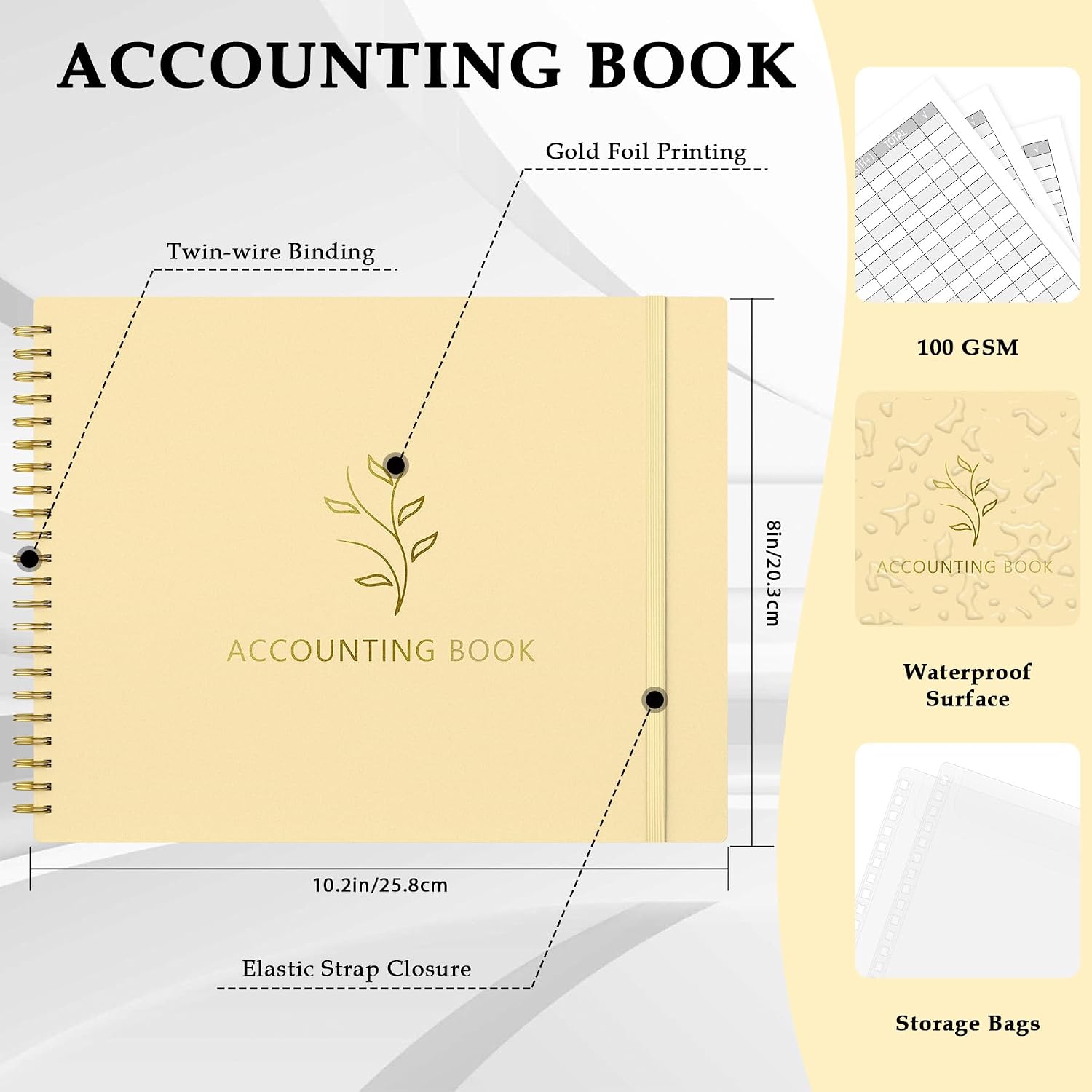 Thumbnail 1 de AKONEGE Accounting Ledger Book, 10.2 x 8 in Horizontal Expense Tracker, Light Yellow