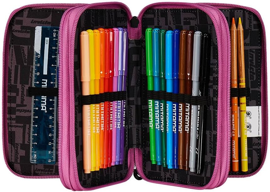 Thumbnail 1 de Invicta Trousse scolaire 3 compartiments triple zip Fantaisie Rose et Noir (rose) – pour école primaire