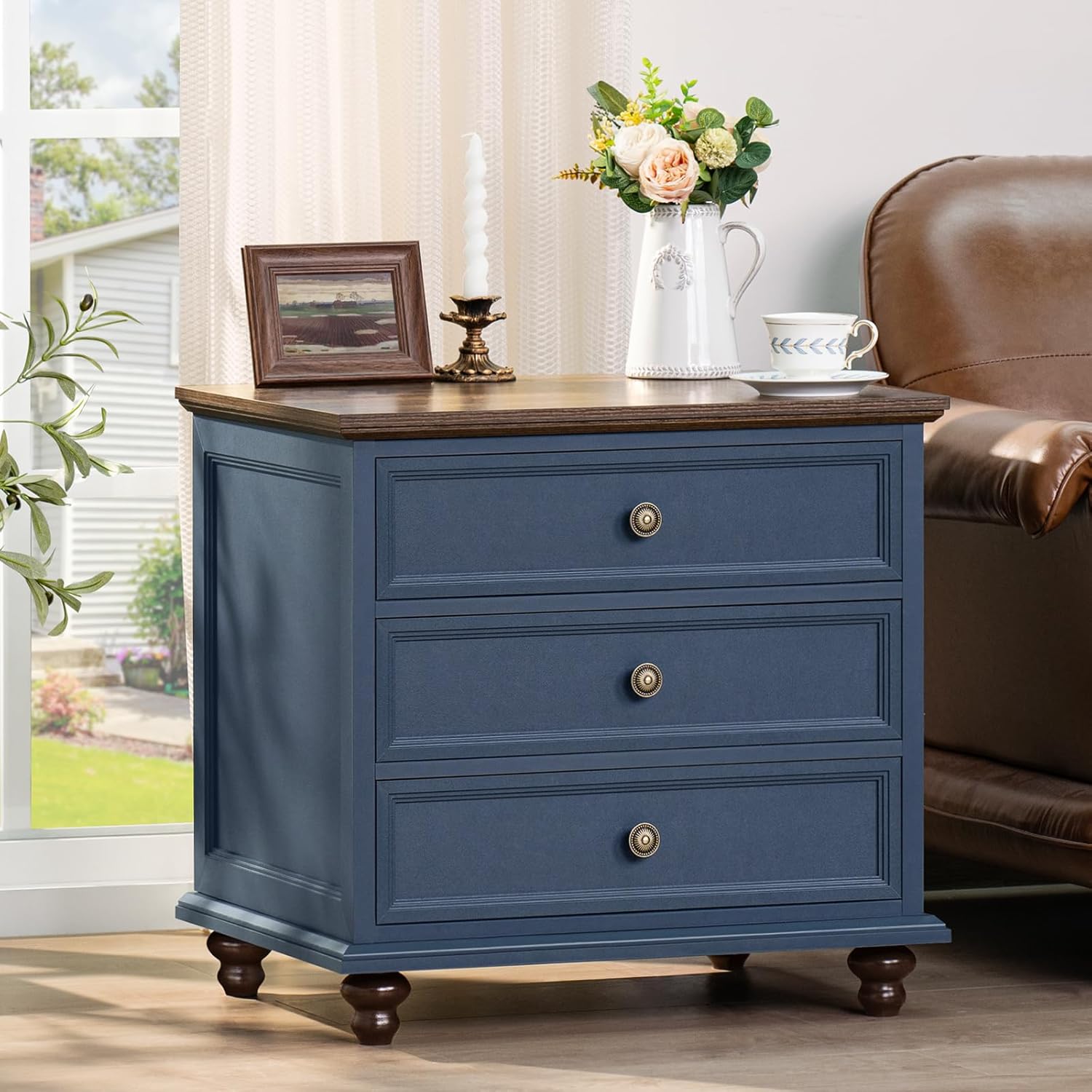 Detalle 2 de Joaxswe Model 1 Farmhouse Nightstand Set of 2, Navy Blue, 3 Drawers