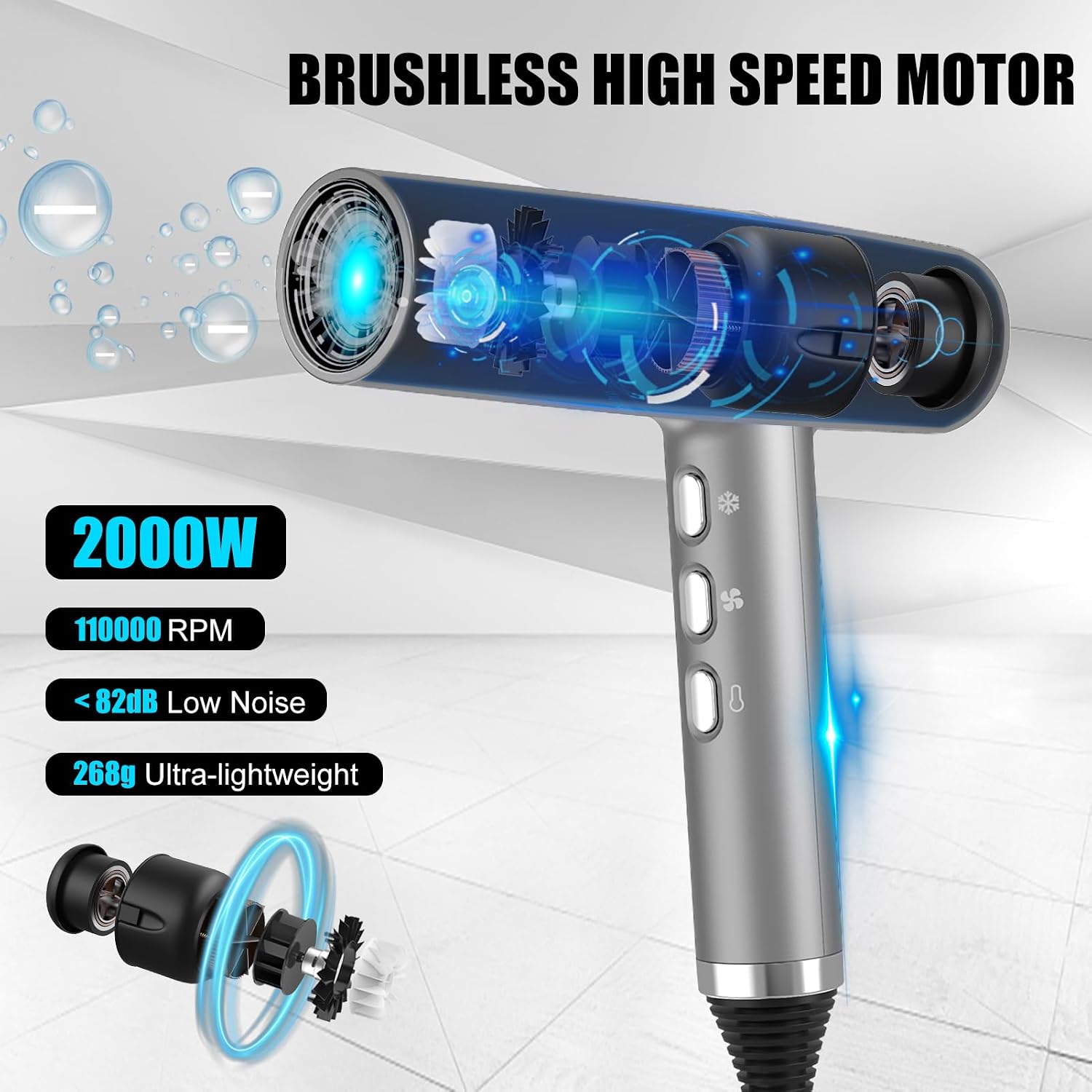 Detalle de Supgaliy Ionic Hair Dryer 2000W High-Speed with Diffuser & Concentrator
