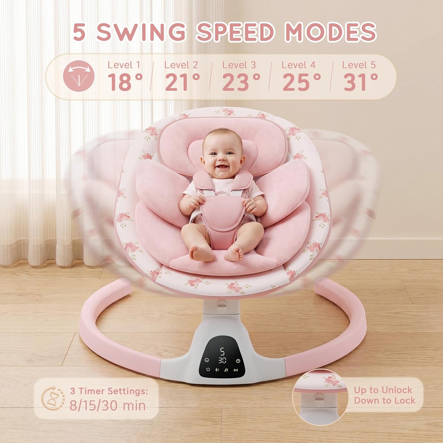 Detalle de MOMZELVI Electric Baby Swing for Infants, 5 Speeds, Bluetooth, Pink Seat Pad