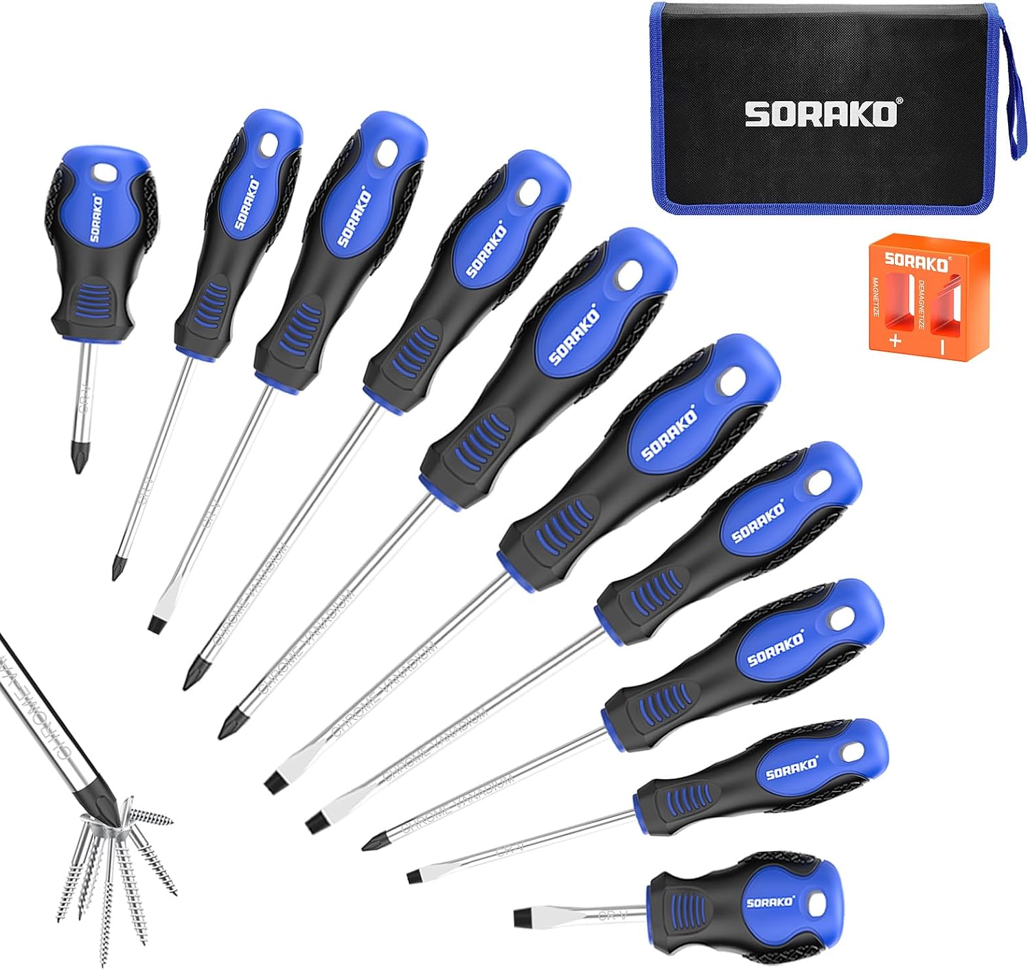 Detalle de SORAKO 11-Piece Magnetic Screwdriver Set (5 Phillips, 5 Slotted) with 2-in-1 Magnetizer