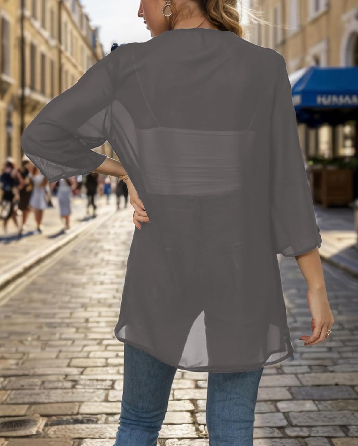 Detalle de Hey Joo Women's Sheer Chiffon Kimono Cardigan: Open Front, Loose Fit for Every Occasion