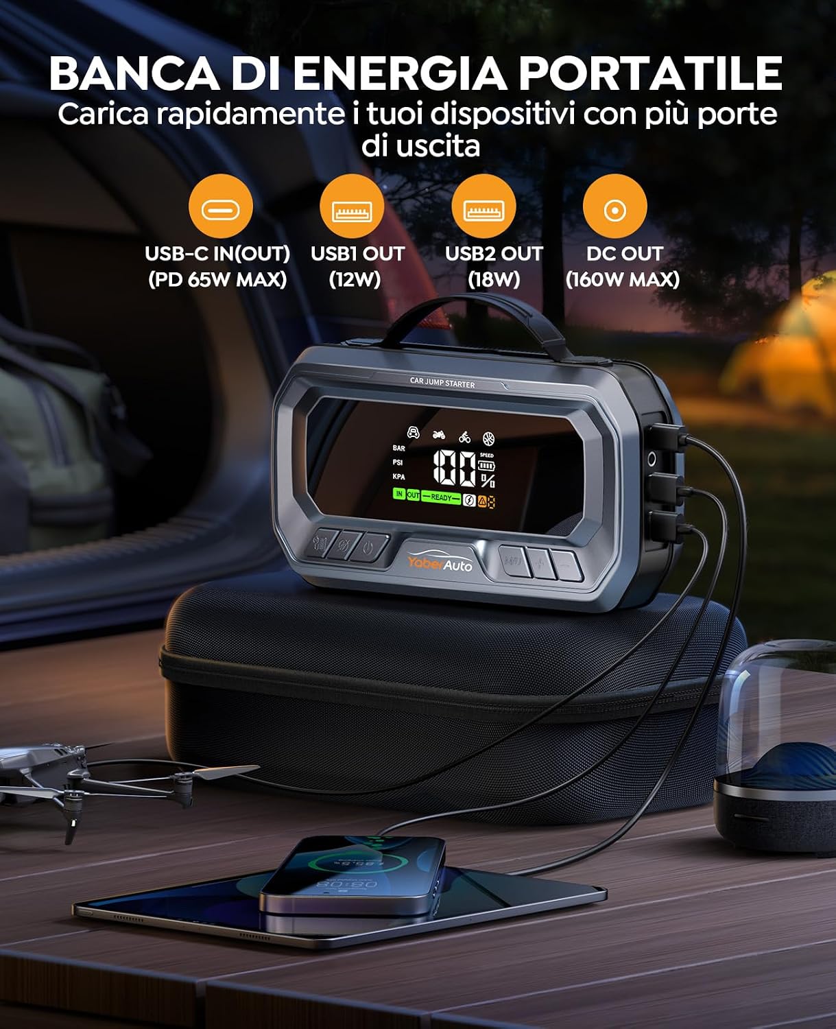 Detalle de YaberAuto YA90 Avviatore auto 8000A (26800 mAh) con compressore 160 PSI, booster PD65W e luce 600 lm