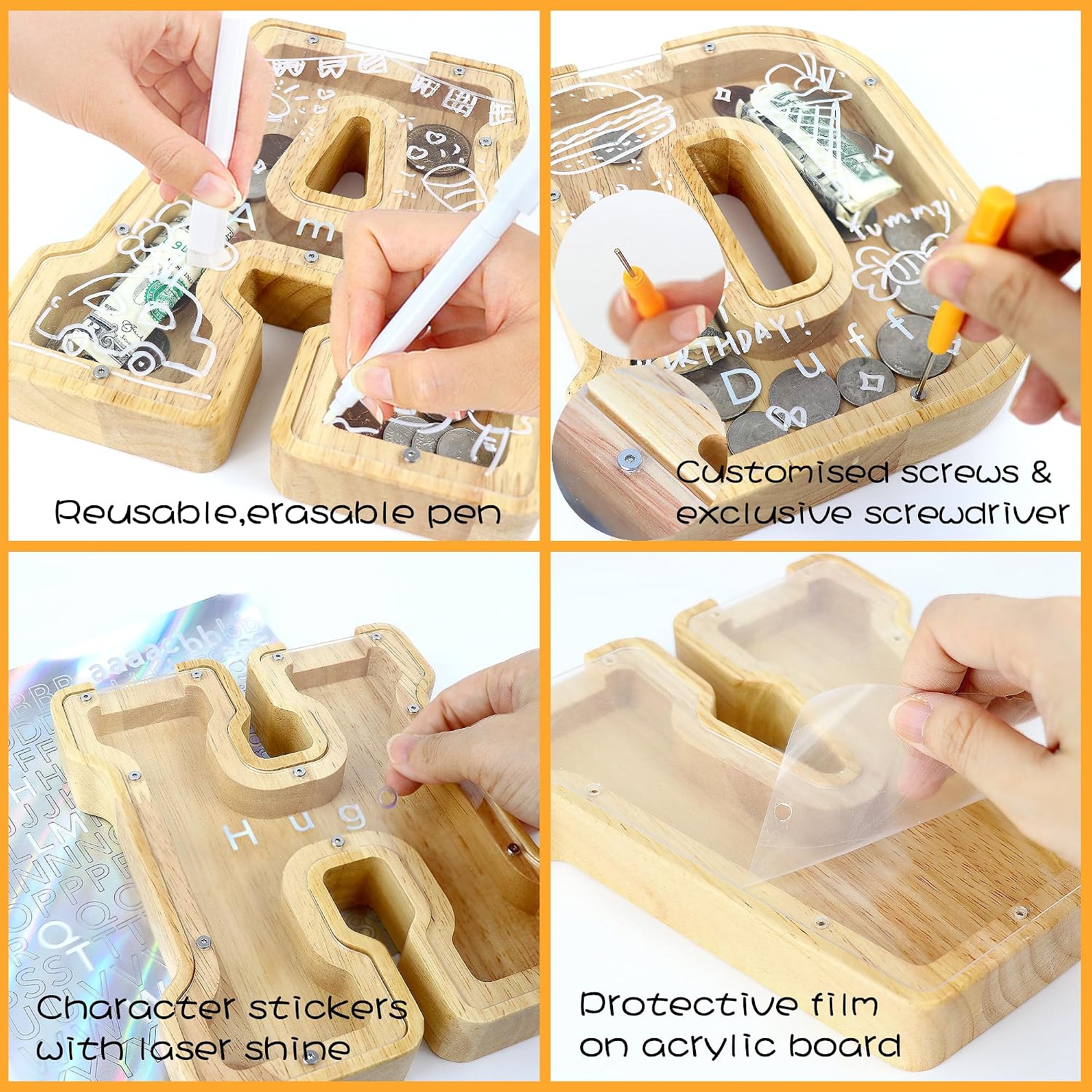 Detalle de Lakpopya Spardose für Kinder – personalisiert, durchsichtiges Panel aus Acryl, Holzspardose mit Buchstabe A–Z und Zielspeicher
