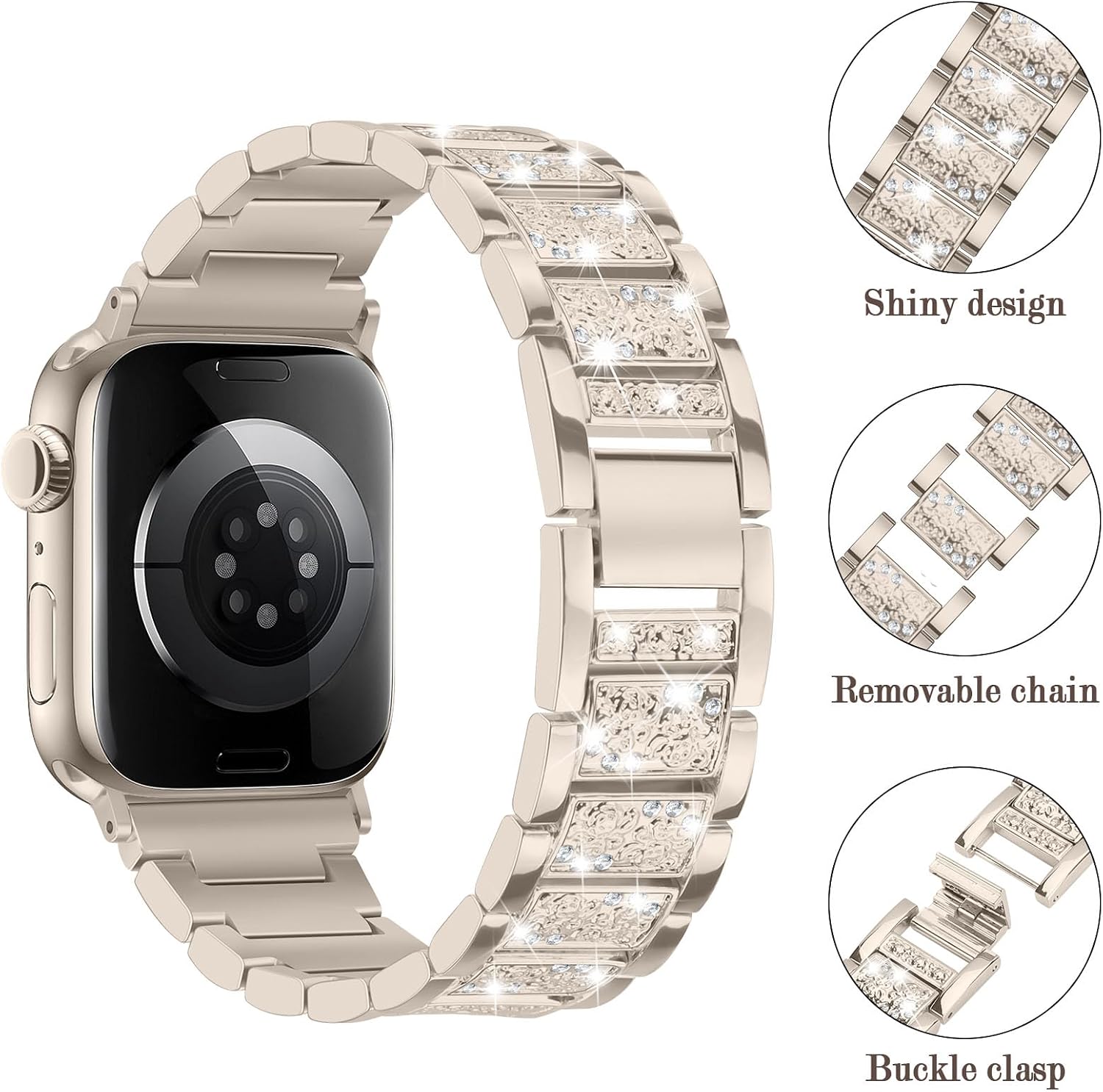 Detalle de Sixmoat Bling Diamond Metal Strap for Apple Watch (38–42mm) – Dressy Rhinestone Bracelet