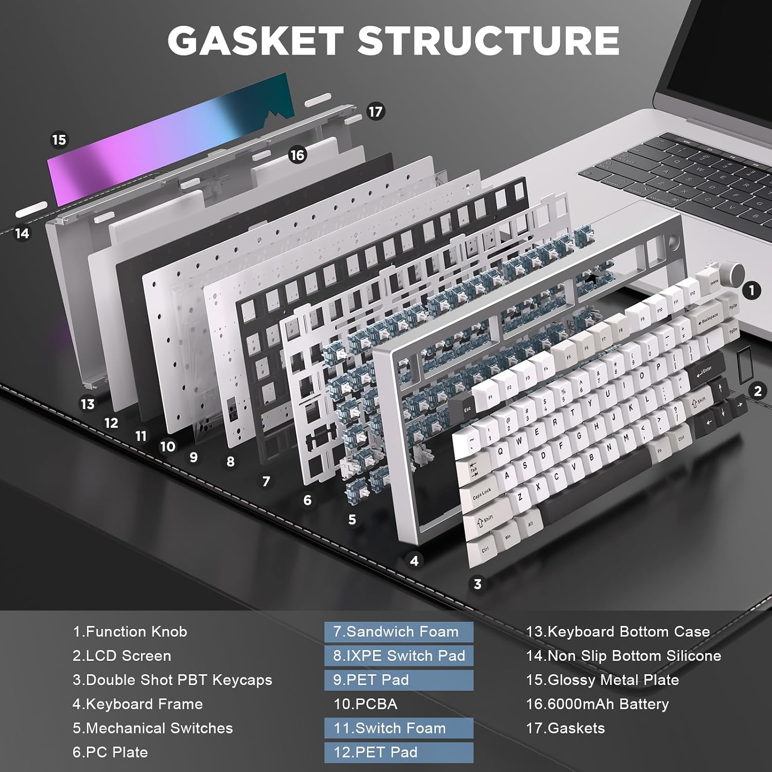 Thumbnail 4 de YUNZII AL80 Wireless Mechanical Keyboard: 75% Aluminum, Gasket Mount, LCD Display, and Knob with Tri-Mode Connectivity