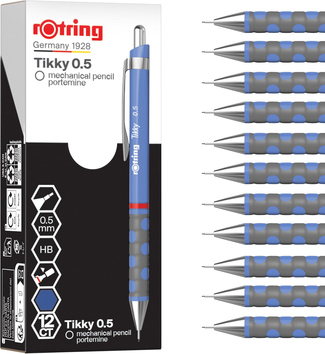 Rotring Tikky Portemine HB 0,5 mm Iris (bleu) – 12 pièces, prise caoutchoutée et confort d’écriture