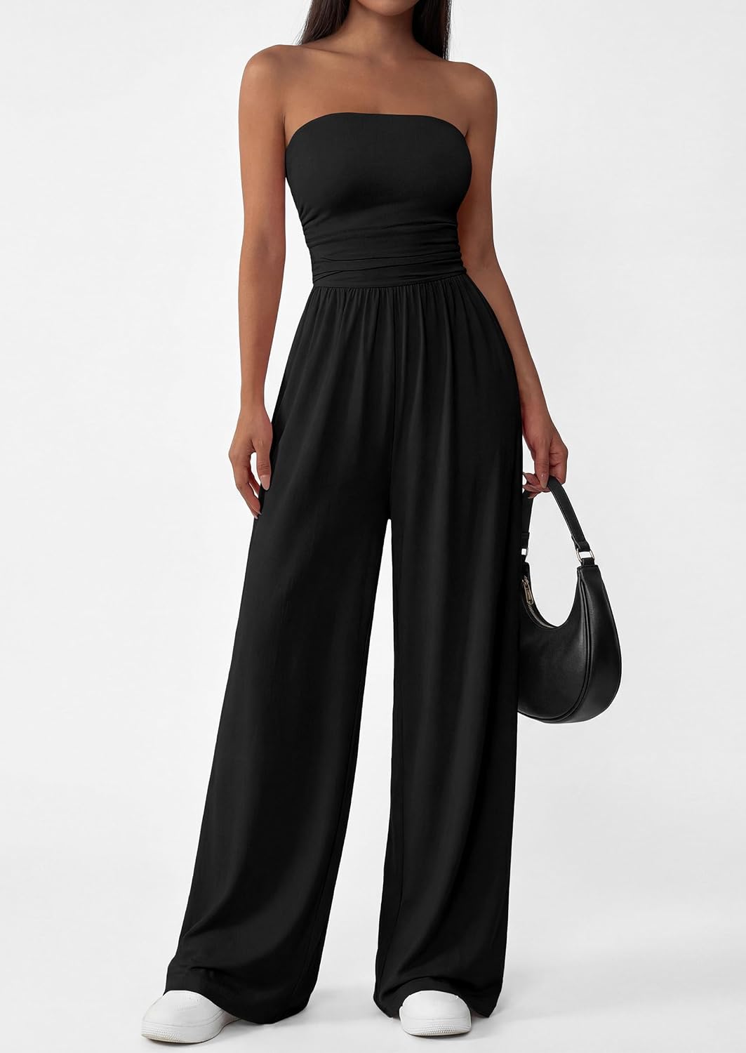 Thumbnail 6 de PRETTYGARDEN Womens Trendy Strapless Rompers 2026 Ruched Tube Top Wide Leg One Piece Jumpsuits