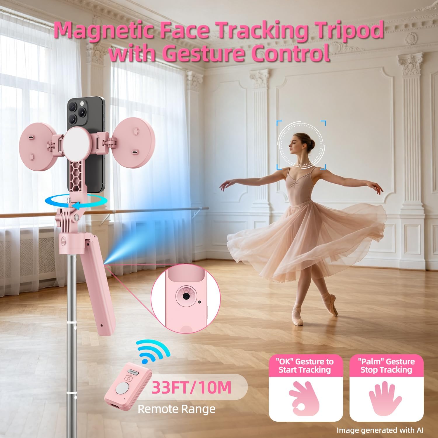 Detalle de yAyusi C20 Pink Vlogging Kit with 71" Face-Tracking Tripod, Lights & Mic
