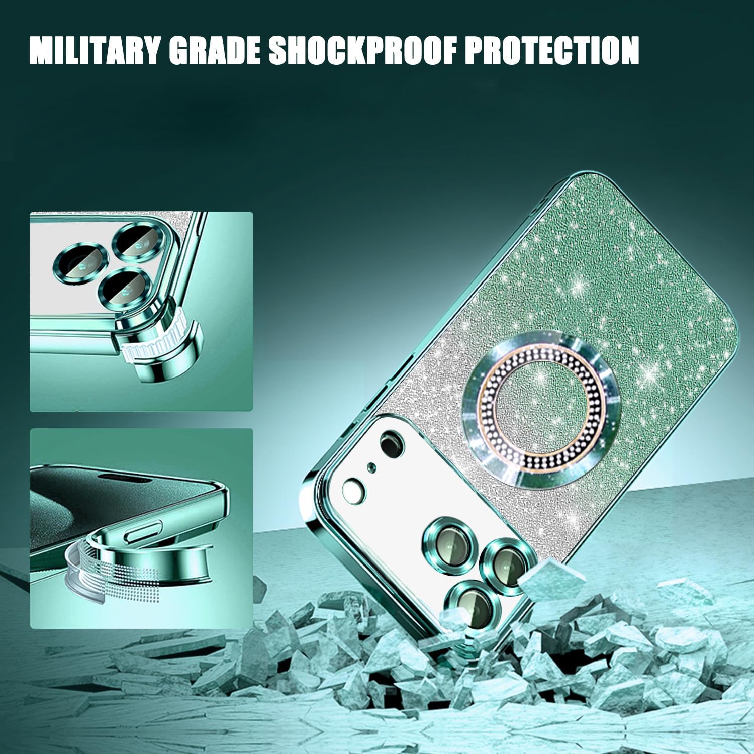 Detalle de Misscase for iPhone 17 Pro Max Magnetic Glitter Case with Camera Lens Protector – Green