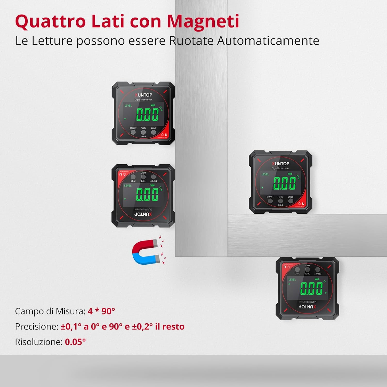 Thumbnail 2 de XUNTOP 4*90° inclinometro digitale ricaricabile con display LCD IP54 e 4 lati magnetici
