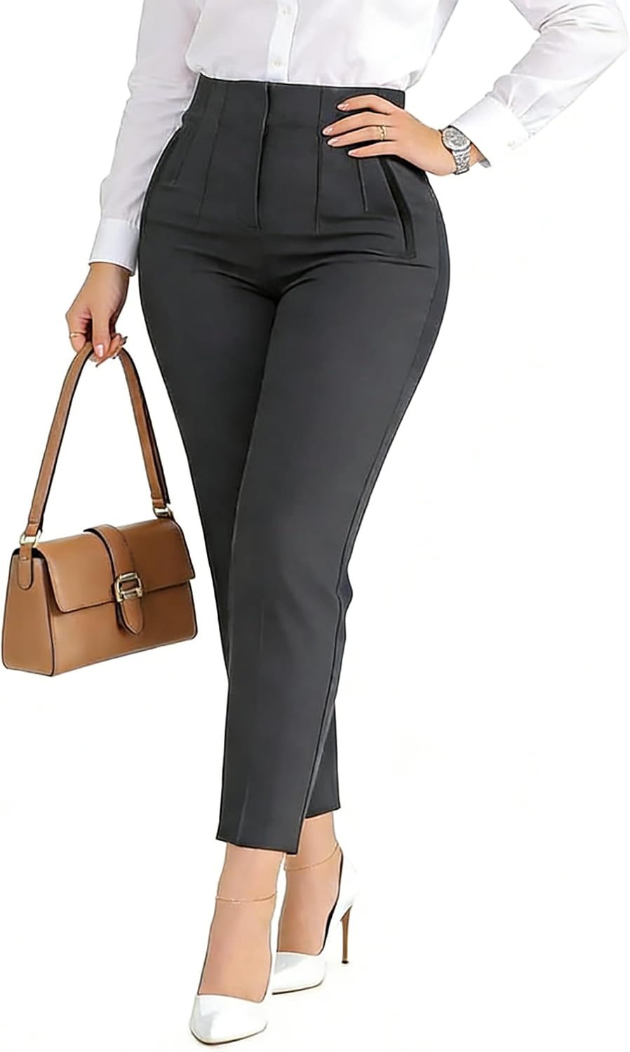 Detalle de LOVESHOOT Women's Stretchy Dress Pants: High-Waisted Pleated Straight-Leg Workwear