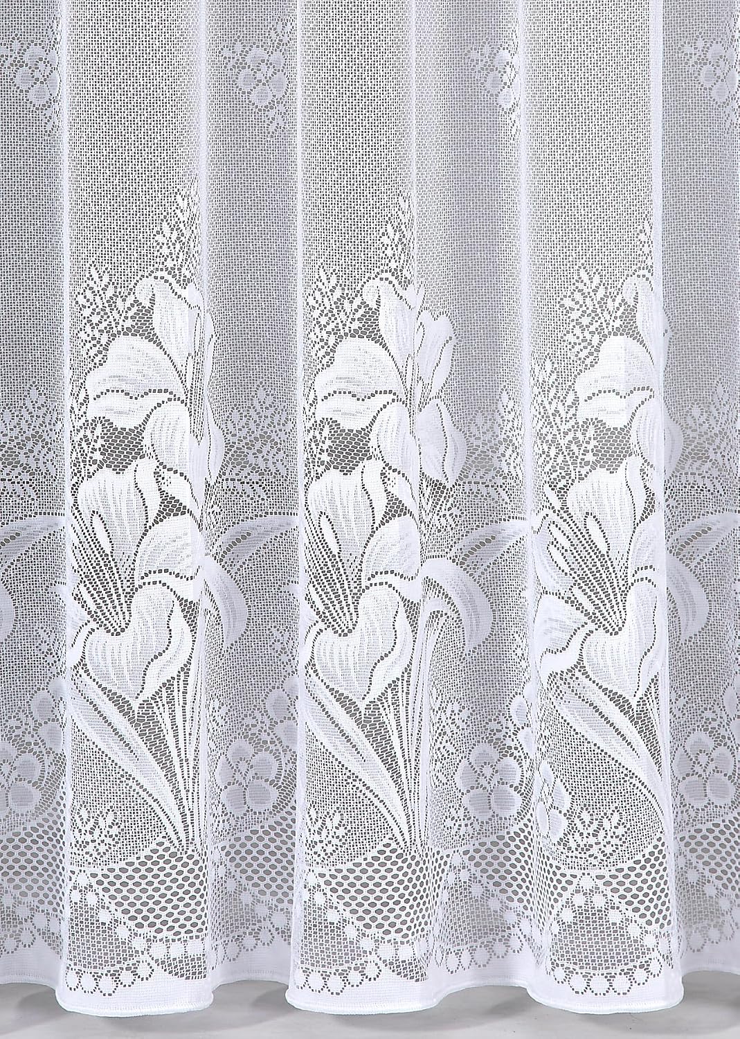 Detalle de Heimtexland firana żakardowa 175 × 450 cm, biała, z kwiatowym wzorem i taśmą