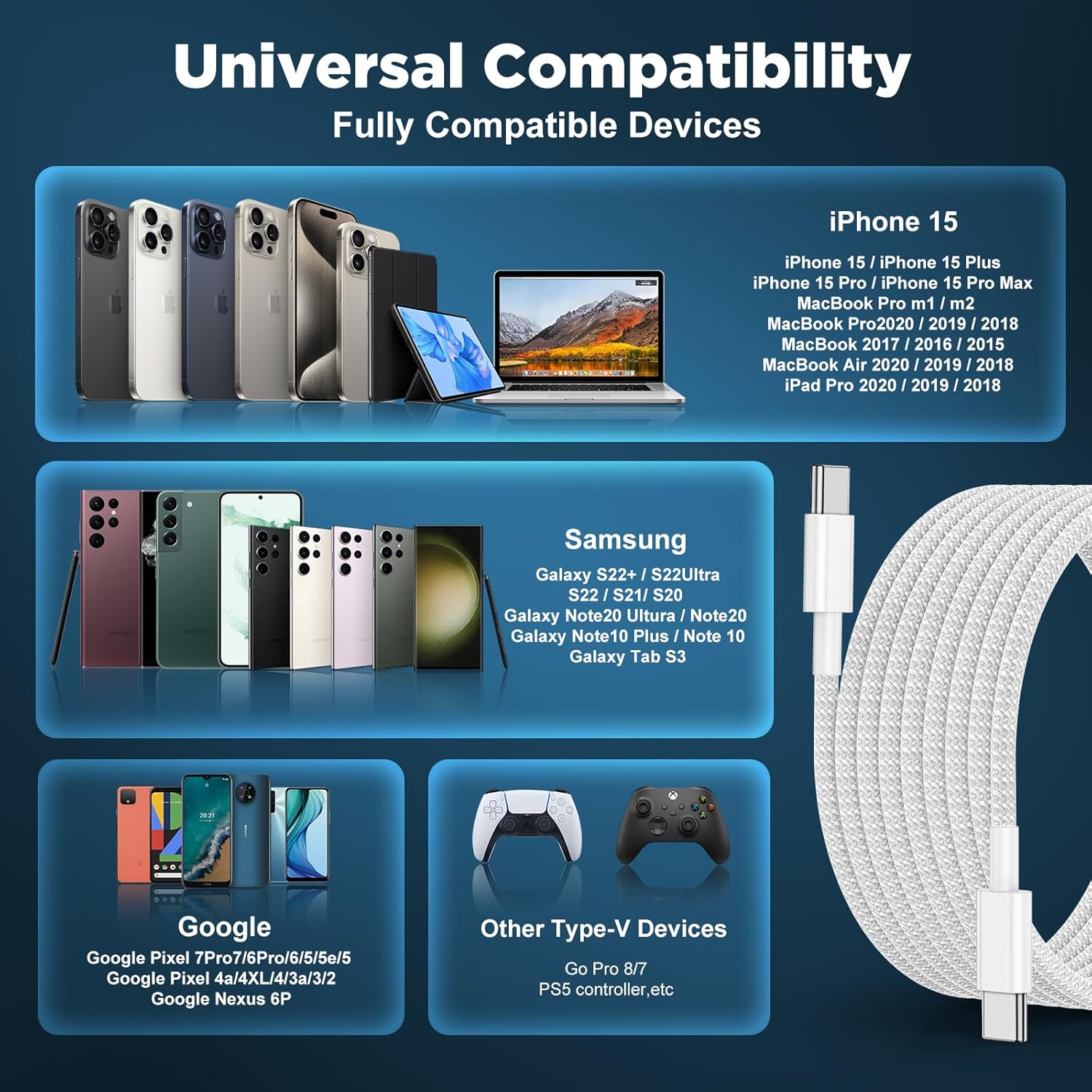 Thumbnail 5 de USB-C to USB-C Cable 6FT + 10FT 2-Pack (60W) Fast Charging & Data Sync Cord for iPhone 17/16/15, iPad, MacBook, Samsung Galaxy