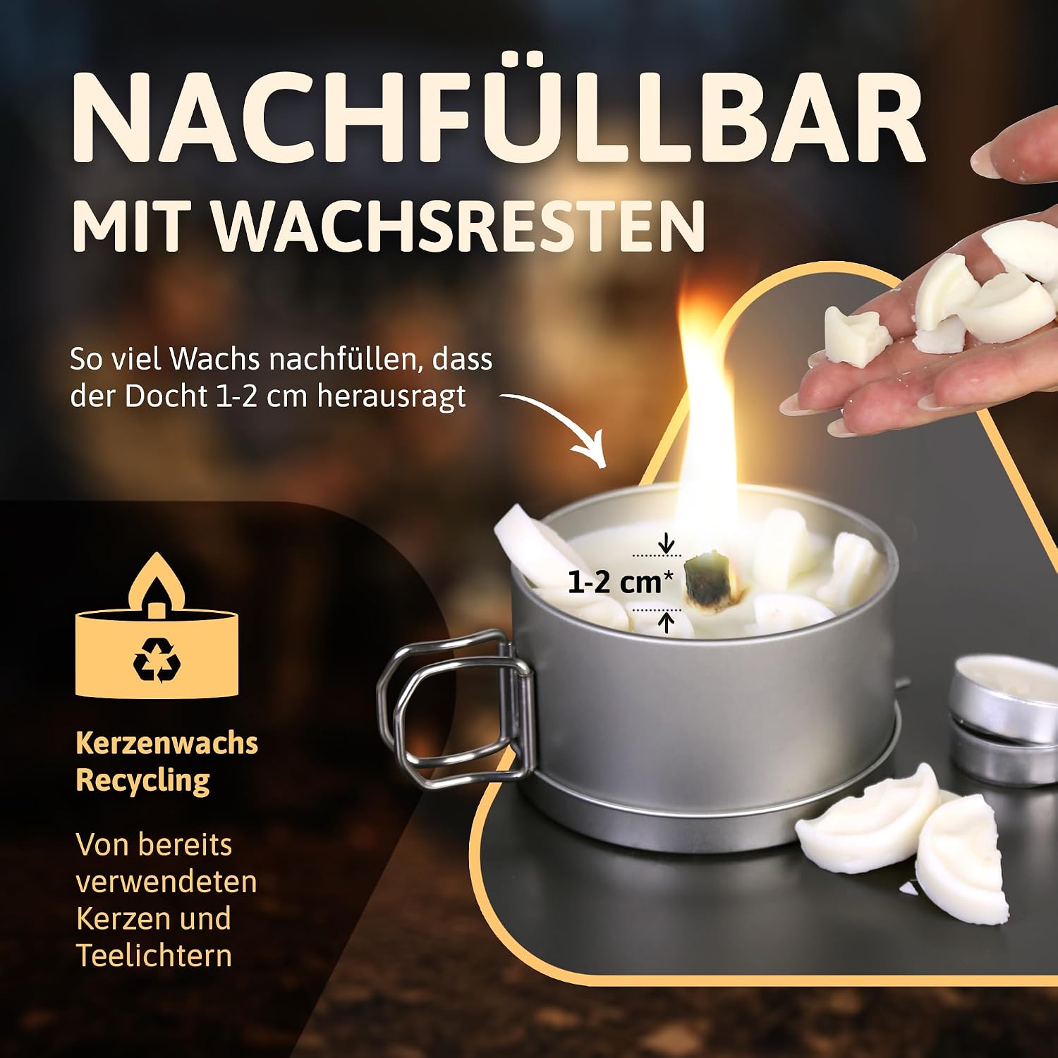 Detalle de AUTDOOR Dauerkerze Outdoor aus Sojawachs – Nachfüllbare Campingkerze mit Dauerdocht