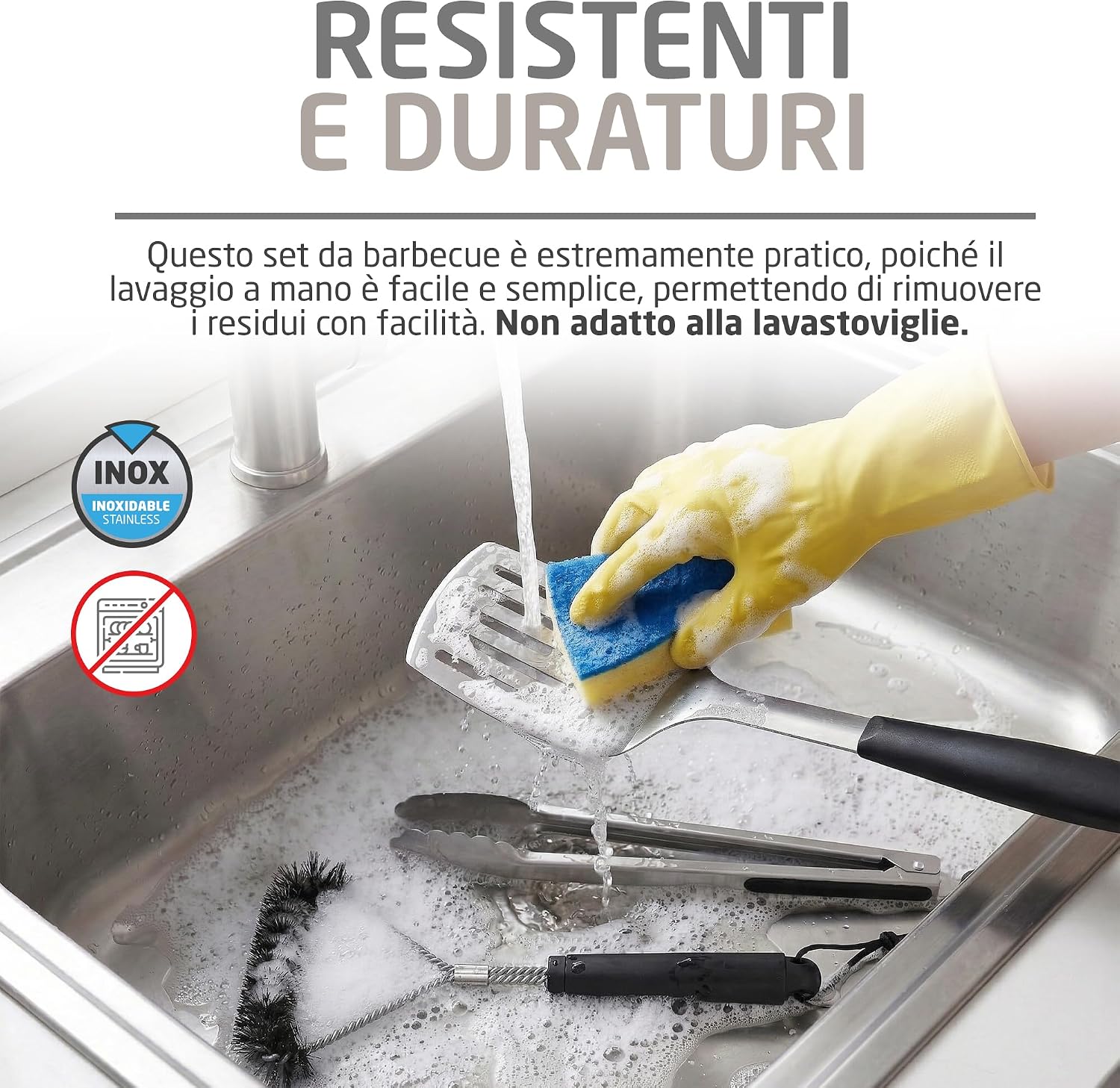 Detalle de Amig Kit 3 Accessori per Barbecue AM02: spatola, pinze e spazzola in acciaio inox con custodia