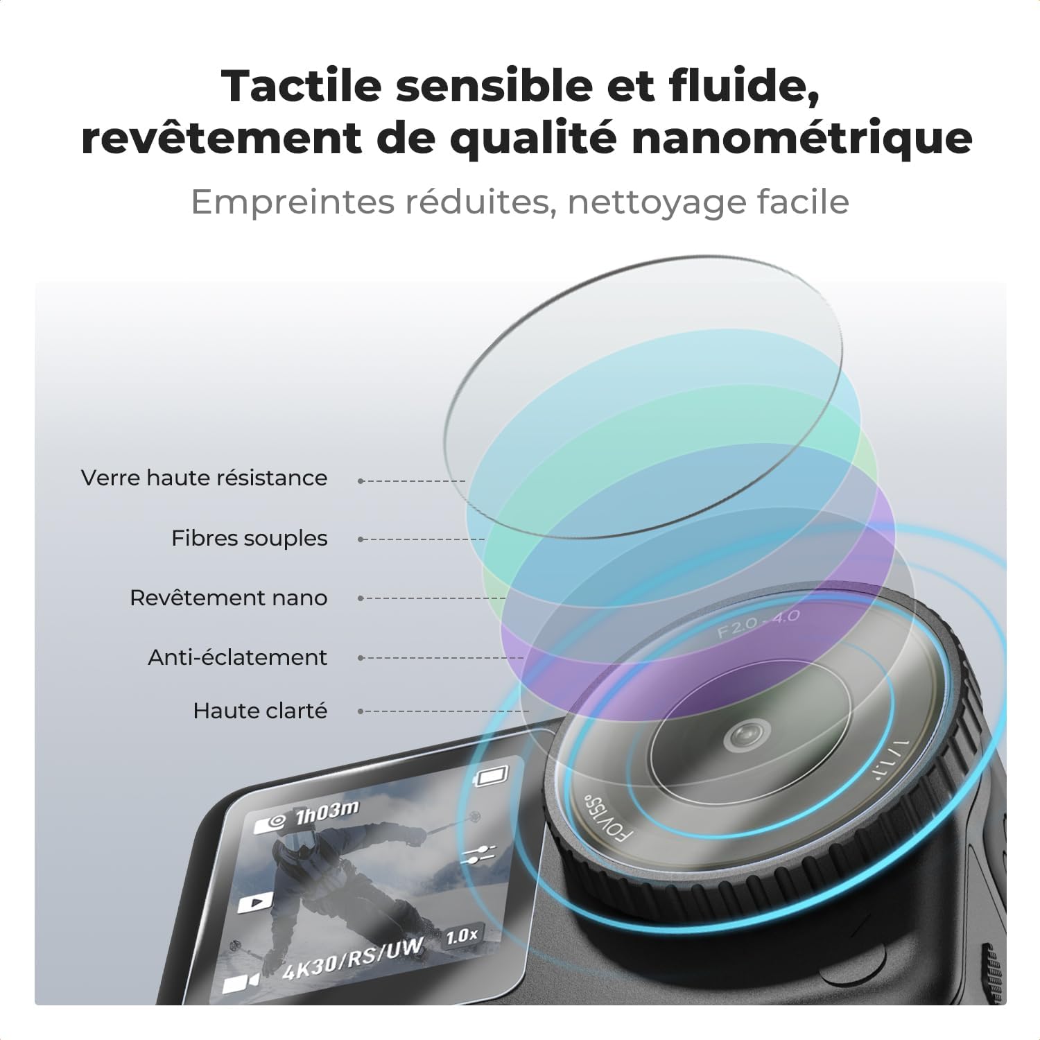 Detalle de K&F CONCEPT Lot de 2 Protecteurs d'écran en verre trempé pour DJI Osmo Action 6 – 9H, transparence HD
