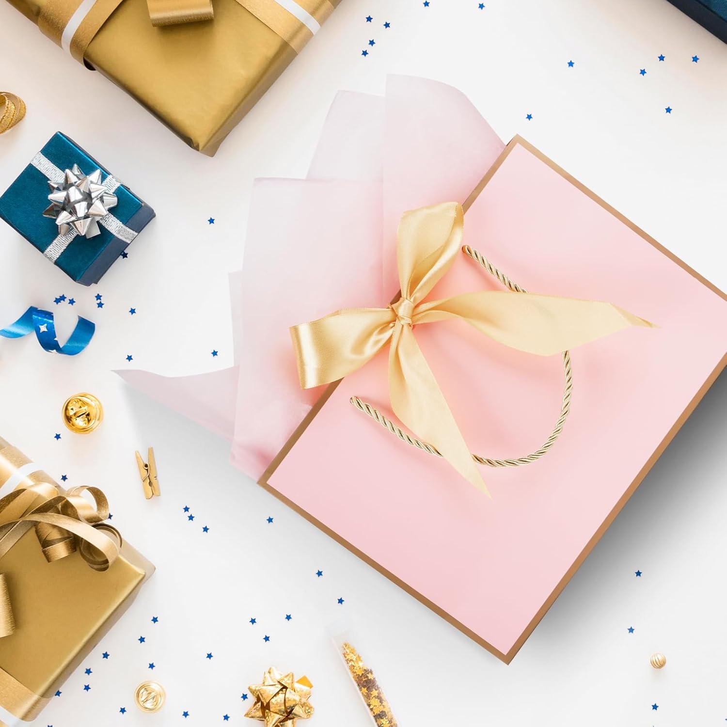 Thumbnail 3 de 2er-Set Geschenktüten Rosa-Gold mit Verpackungen und Karten, 20 × 10 × 28 cm