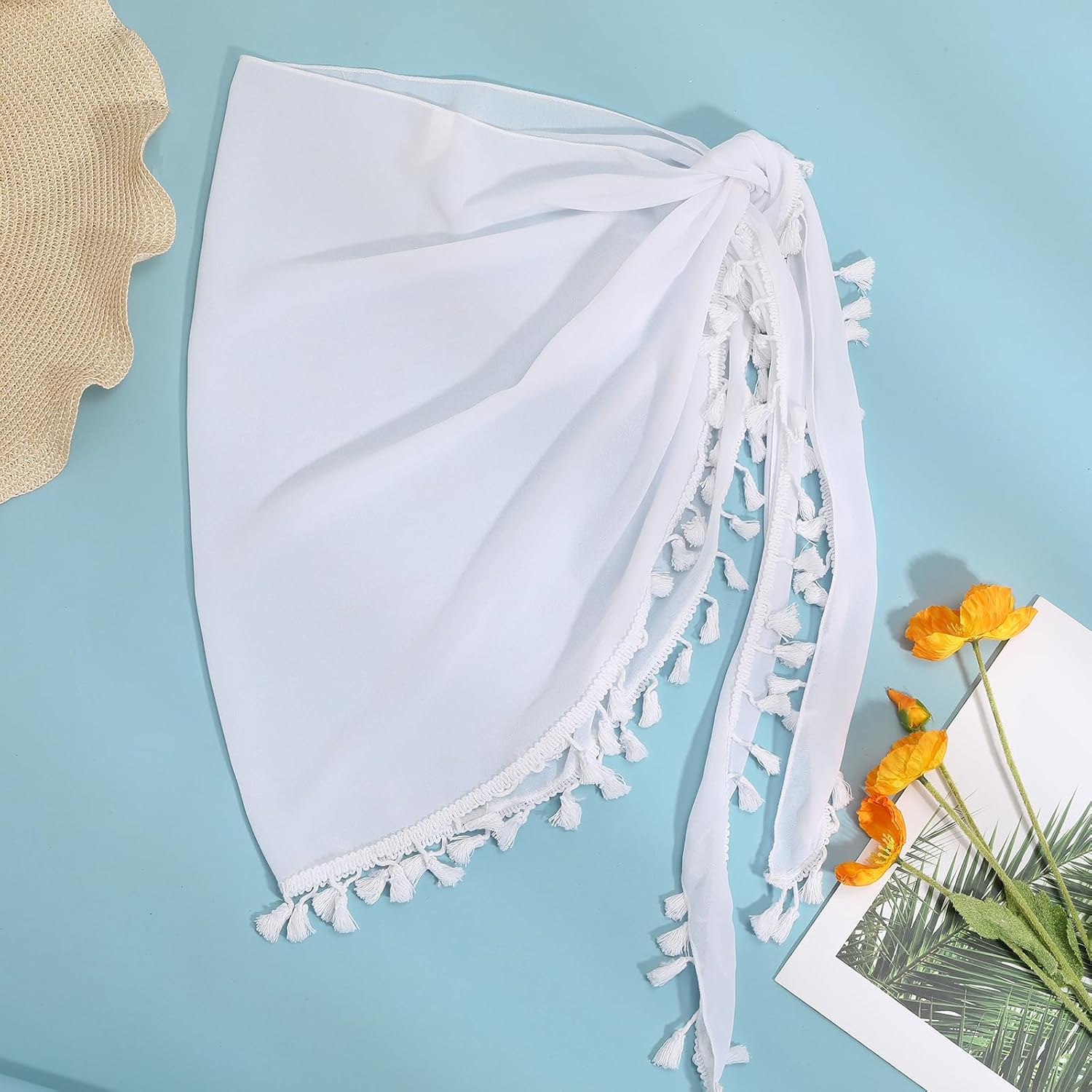 Detalle de Aiseyi Sarong lot de 2 jupes de plage en mousseline de soie avec franges (noir/blanc)