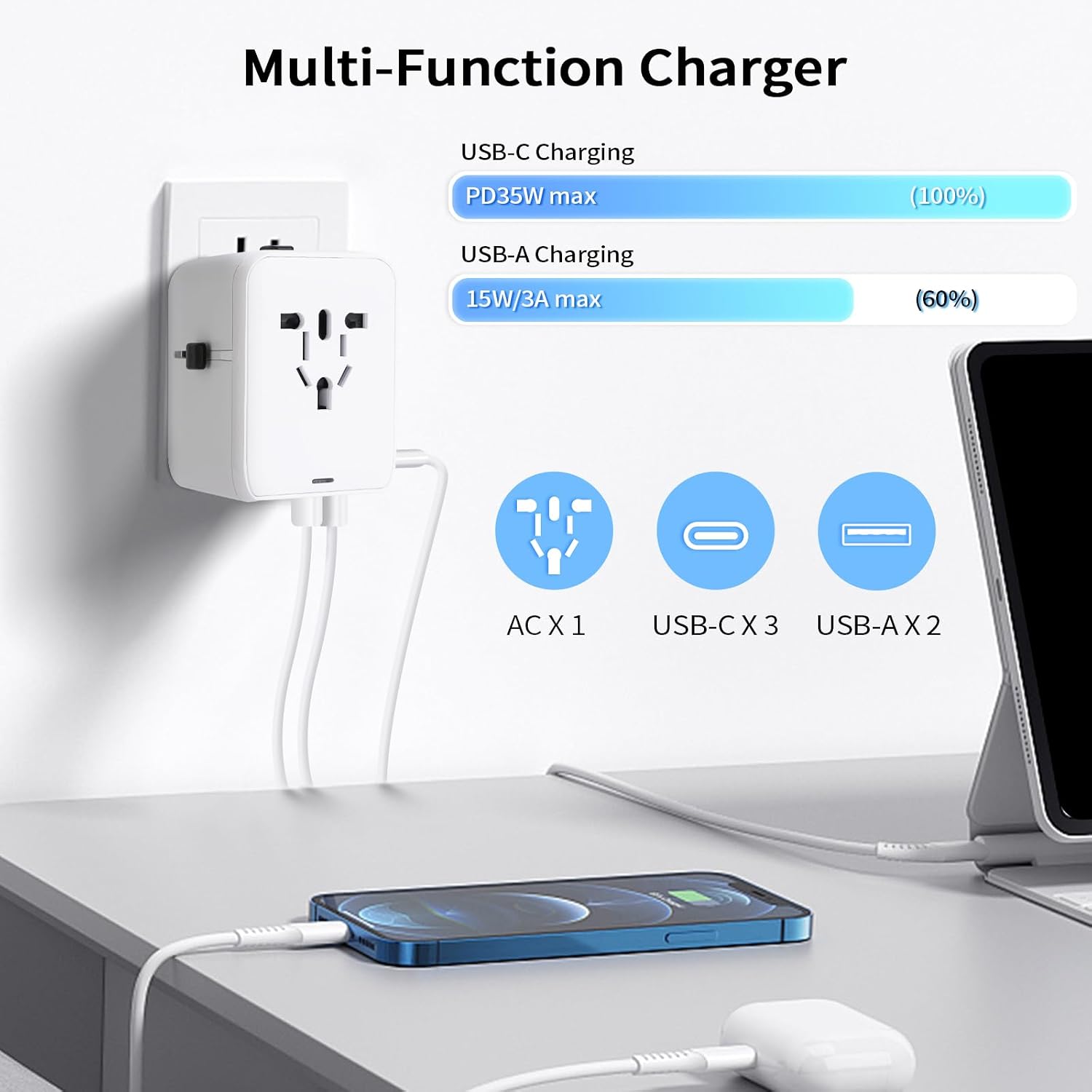 Thumbnail 1 de Adattatore Universale da Viaggio 6-in-1 con PD 35W, USB-C e USB-A — 224+ Paesi