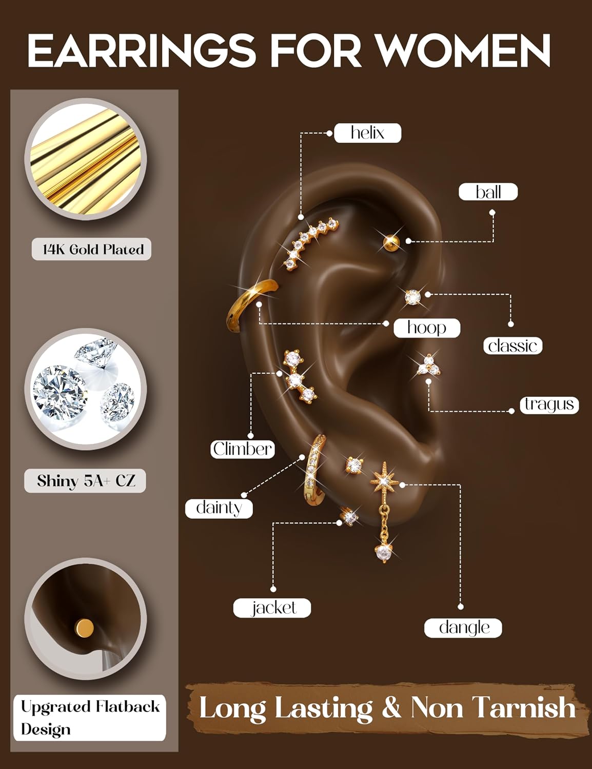 Thumbnail 4 de Roheafer 12-teilige Helix-Piercing-Set aus Chirurgenstahl (Flatback, Huggie-Hoops & Jacket) – für Layering