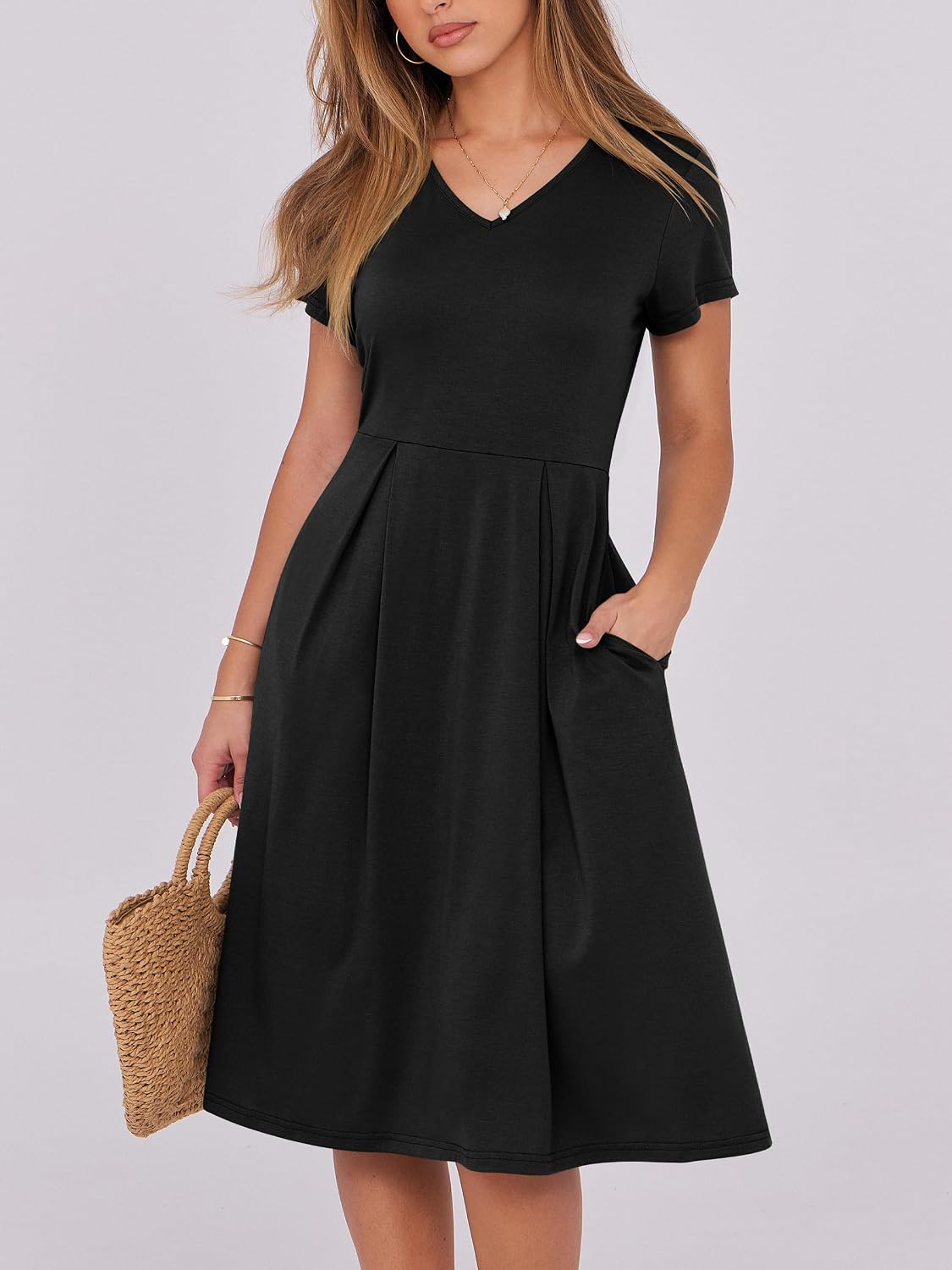 Detalle de ANRABESS Women Summer Dress: V-Neck Midi with Pockets, Pleated A-Line Comfort