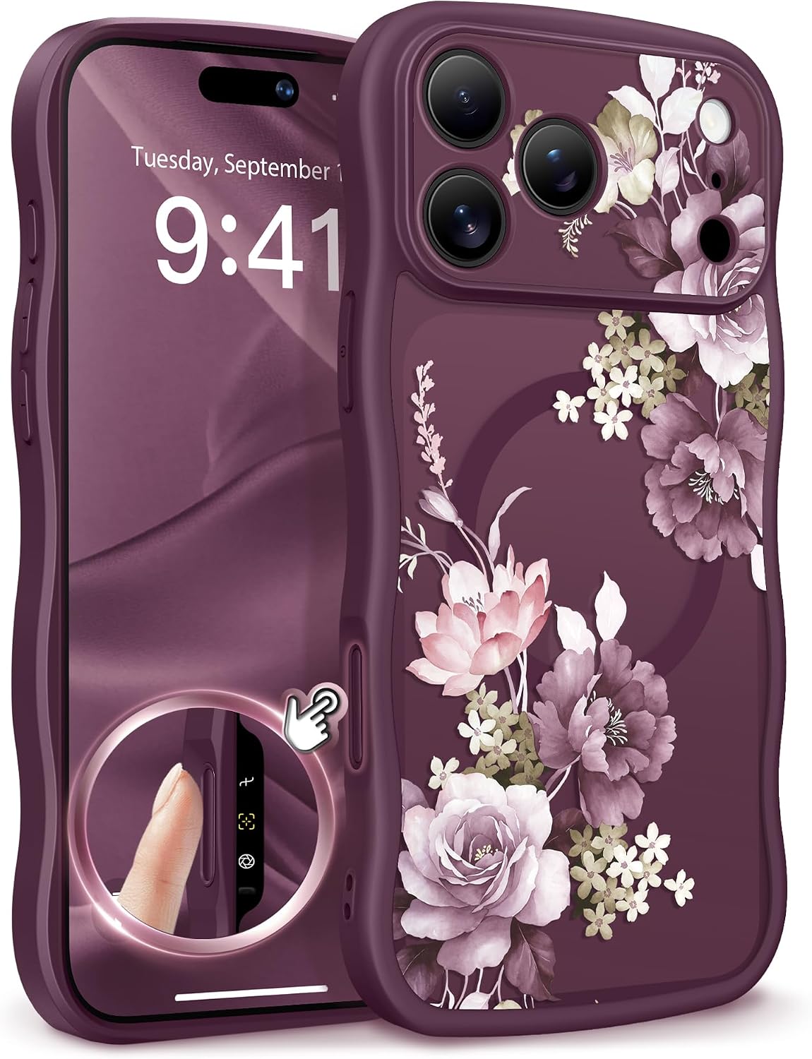 Detalle de GVIEWIN Floral MagSafe Case for iPhone 17 Pro/18 Pro, Cherry Blossoms/Dark Cherry