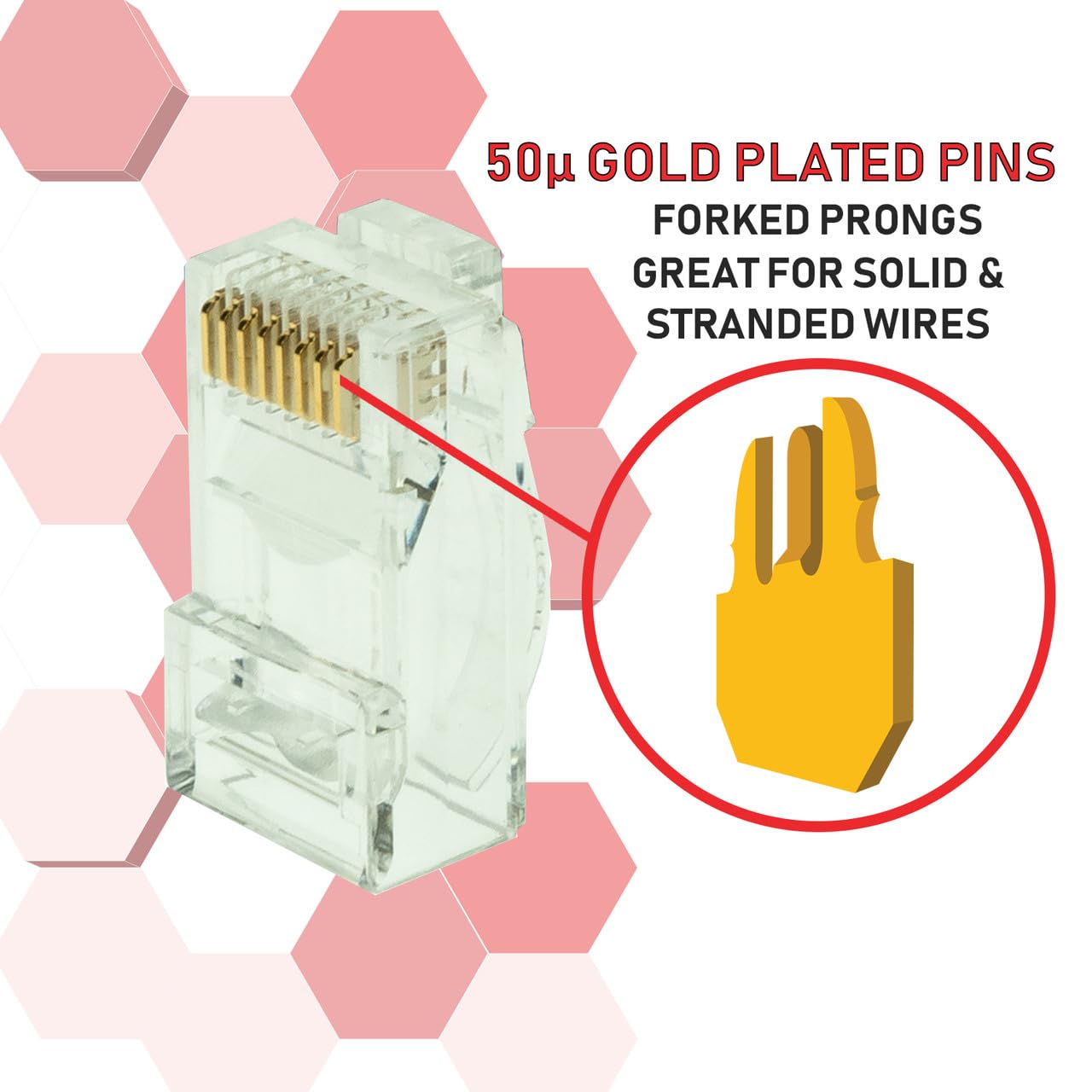 Thumbnail 2 de JUSTOP 100 Pcs RJ45 Pass Through Connectors for CAT5/5e/6 — Gold Plated 8P8C, Crystal Housing