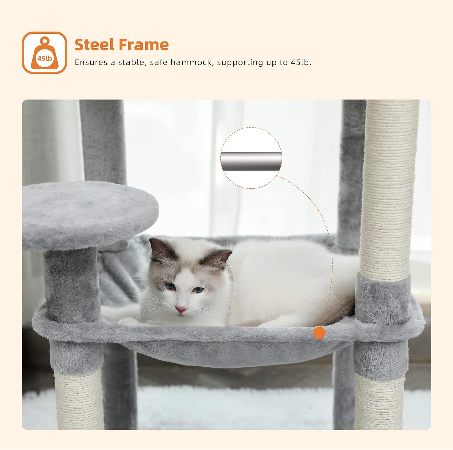 Detalle de PAWZ Road Kratzbaum für große Katzen (143 cm) – stabiler Katzenturm mit Hängematte, Katzenhaus und 6 Ebenen, grau
