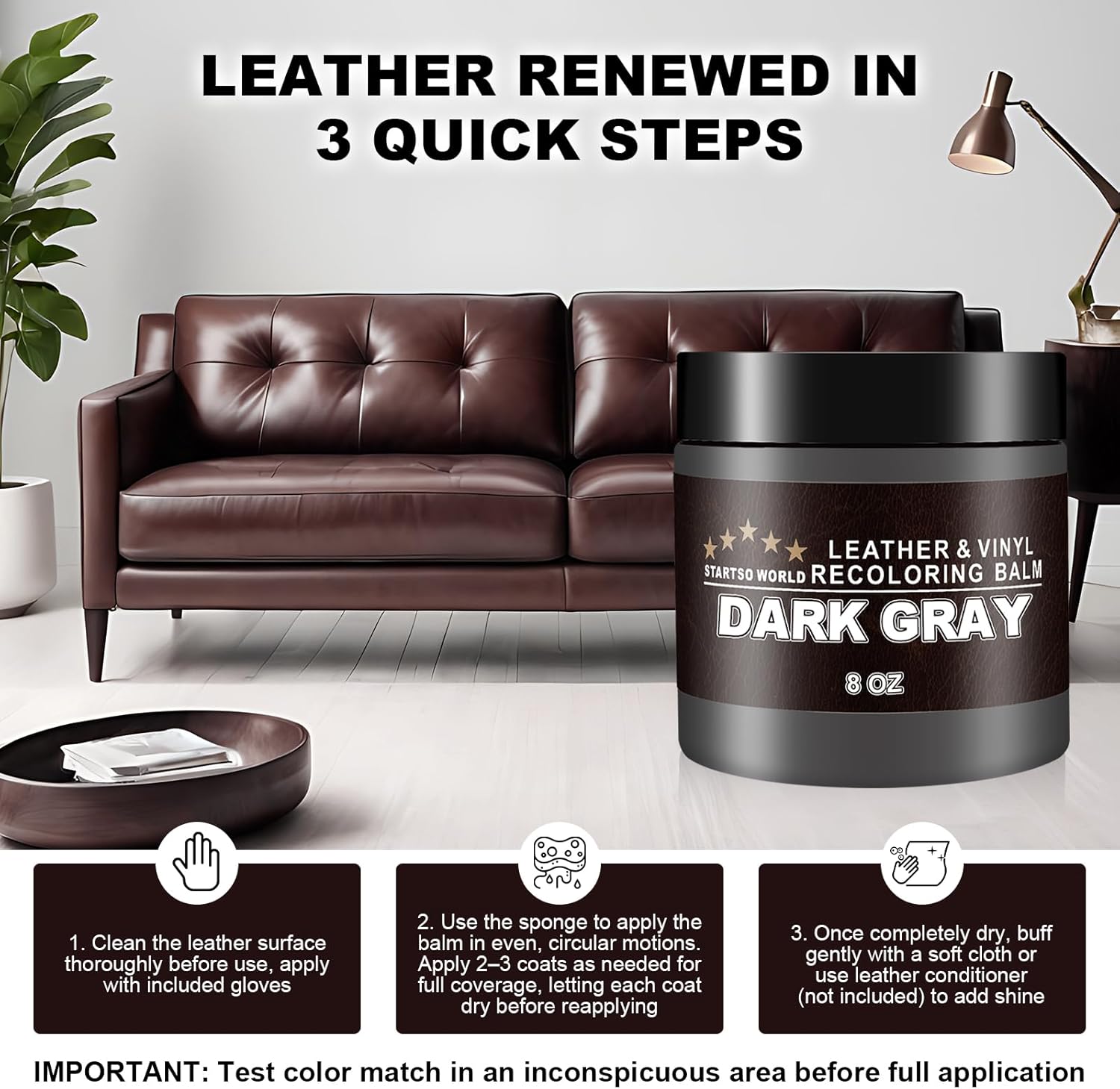 Detalle de STARTSO WORLD Leather Recoloring Balm (Dark Gray) — Leather Repair & Color Restorer for Furniture