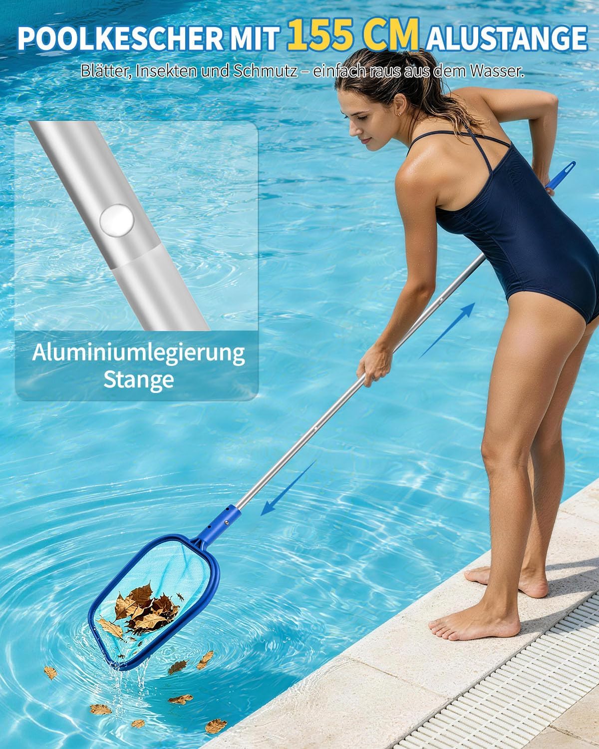 Detalle de MRUN BONE Pool Kescher 155 cm – Feinmaschiges Netz, robustes Leichtgewicht für Pool, Teich und Planschbecken