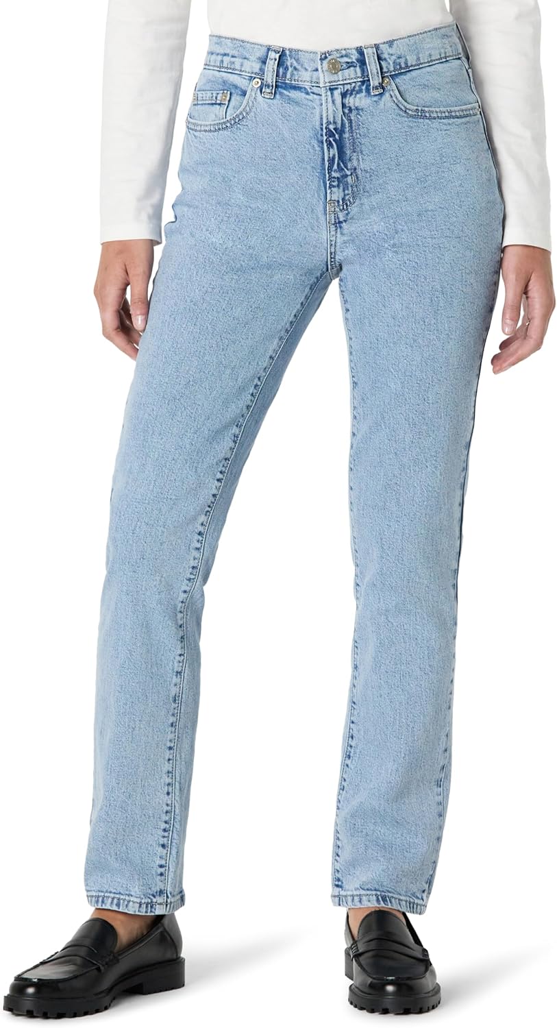 Detalle de Amazon Essentials Jeans Vita Alta a Gamba Dritta Donna, Lavaggio Chiaro Colorato con Ghiaccio (42)