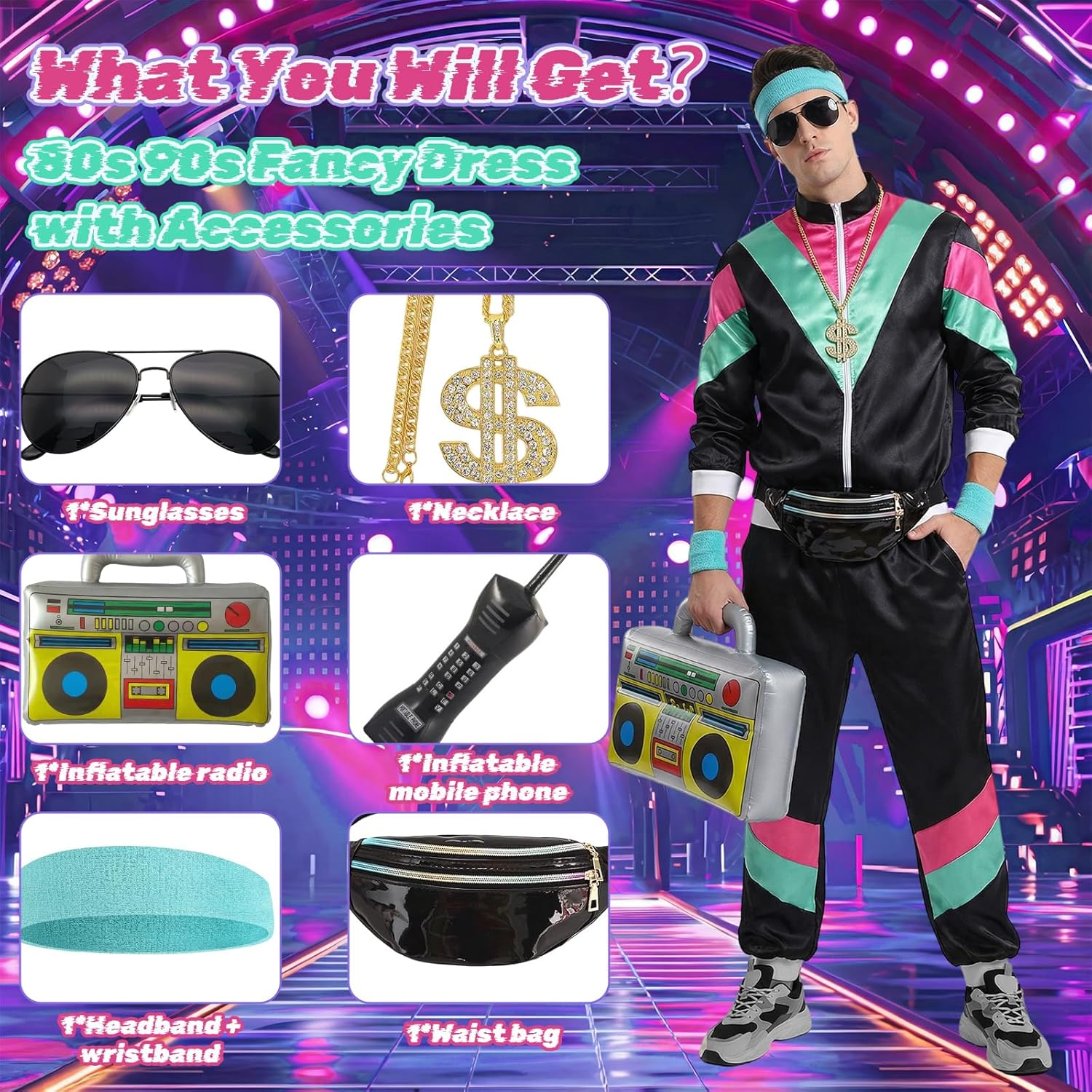 Thumbnail 5 de Xerteam 80s/90s Fancy Dress Men Set with Accessories – Retro tracksuit style outfit