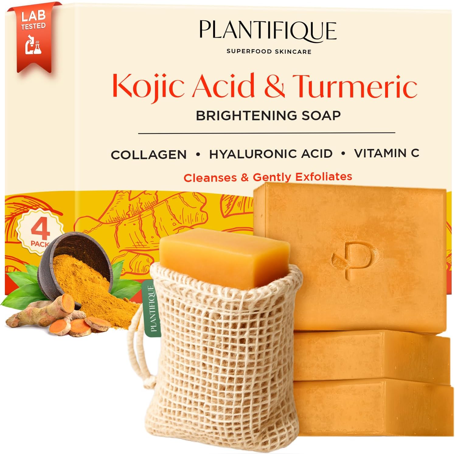 PLANTIFIQUE Turmeric & Kojic Acid Soap : savon visage et corps anti-taches (4 barres)