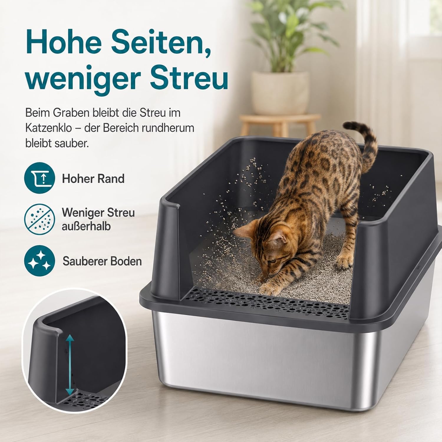 Detalle de 2er-Set XXL Katzenklo aus Edelstahl 60×40×30 cm (37 l) – hoher Rand, offen, inkl. Streuschaufel