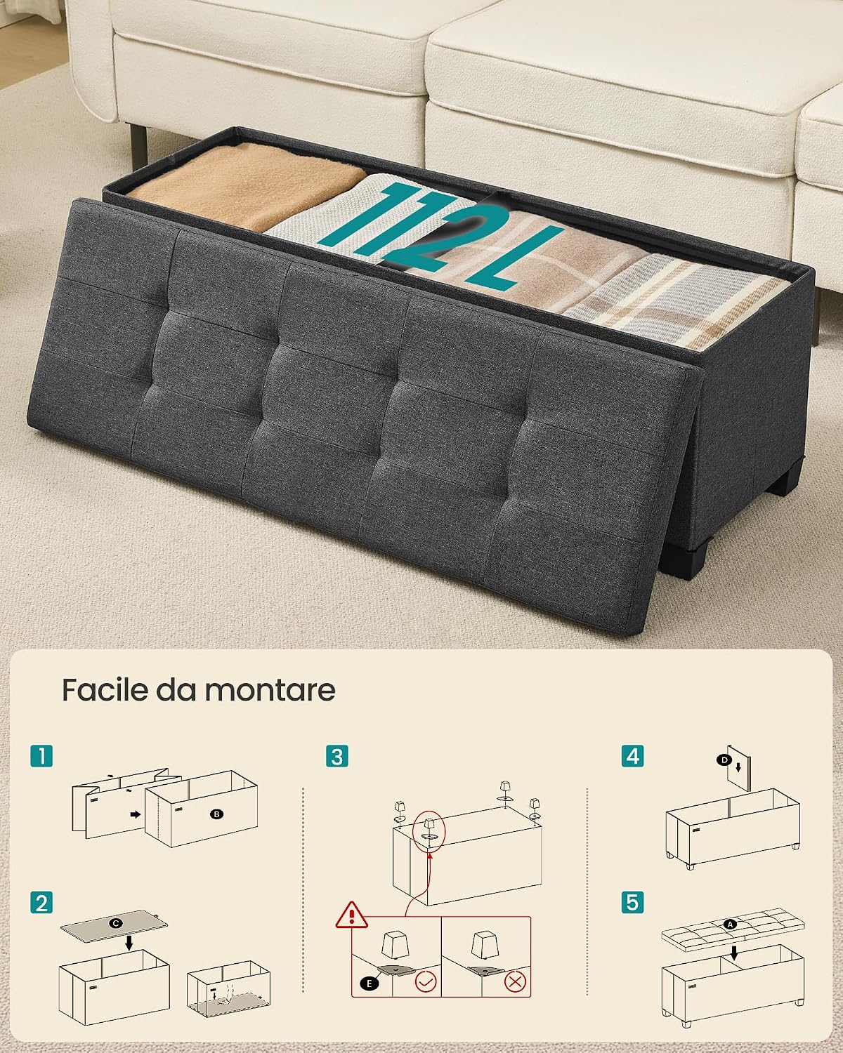 Thumbnail 4 de SONGMICS Cassapanca con Gambe LSF079GN01 – Pouf Contenitore in Tessuto effetto lino, 110 cm, Grigio Ardesia