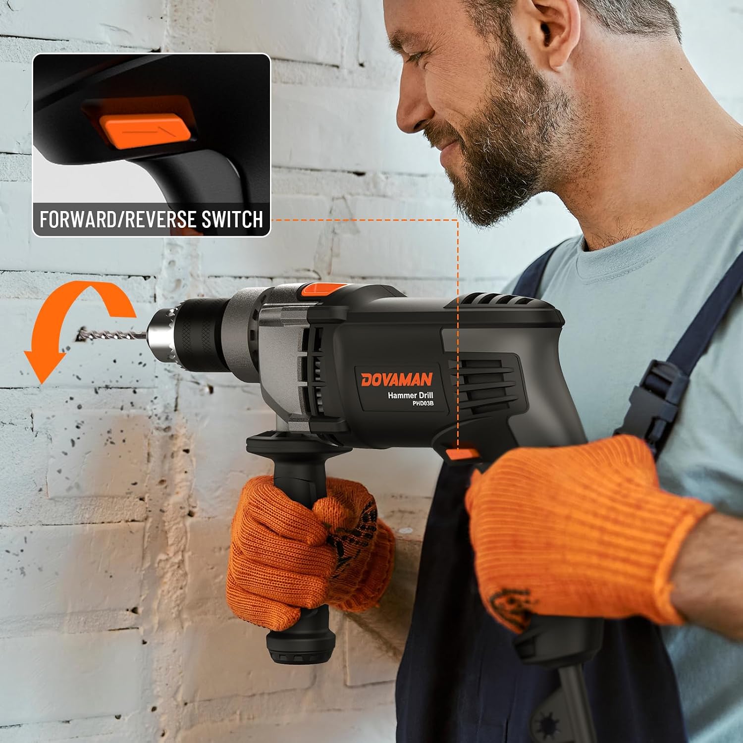 Detalle 2 de DOVAMAN 850W Hammer Drill (corded) with 13mm metal chuck, variable speed up to 3000RPM & 15-piece bit set