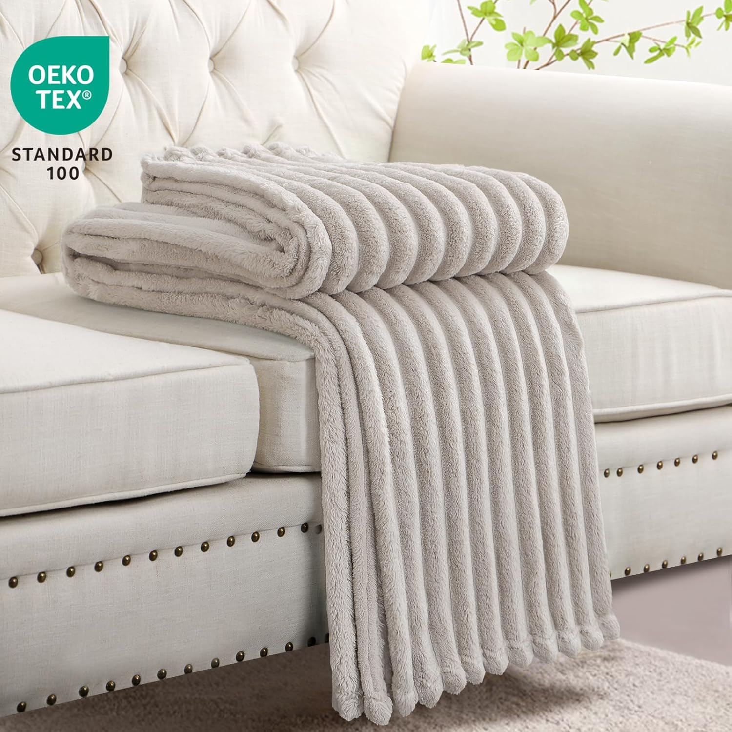 Thumbnail 3 de RUIKASI Fleece Throw Blanket for Sofa – Beige, 130x150cm, Soft 300gsm with 3D Ribbed Design