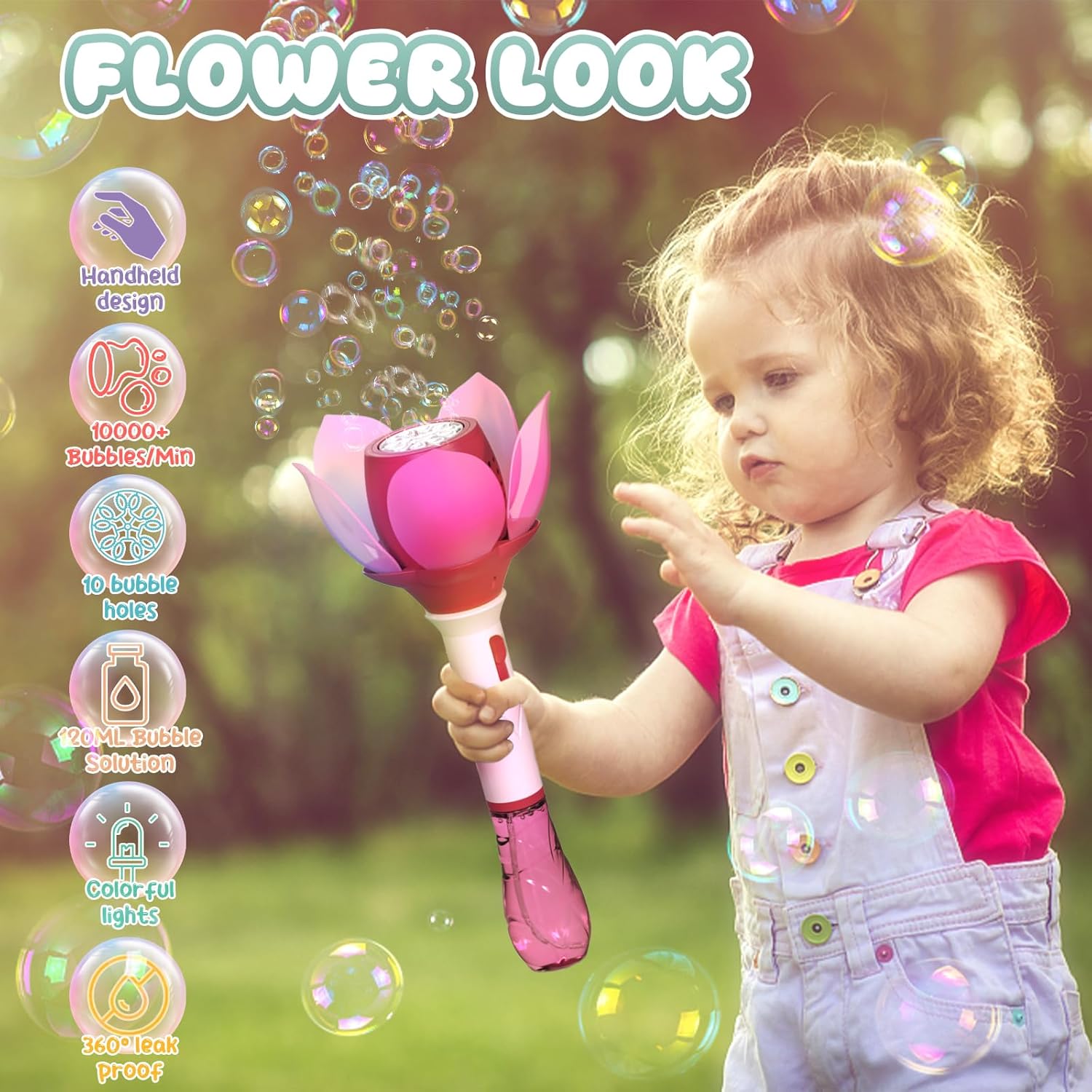 Detalle de PANACARE Blumen Seifenblasenstab – Elektrische Seifenblasenmaschine für Kinder (Pink)