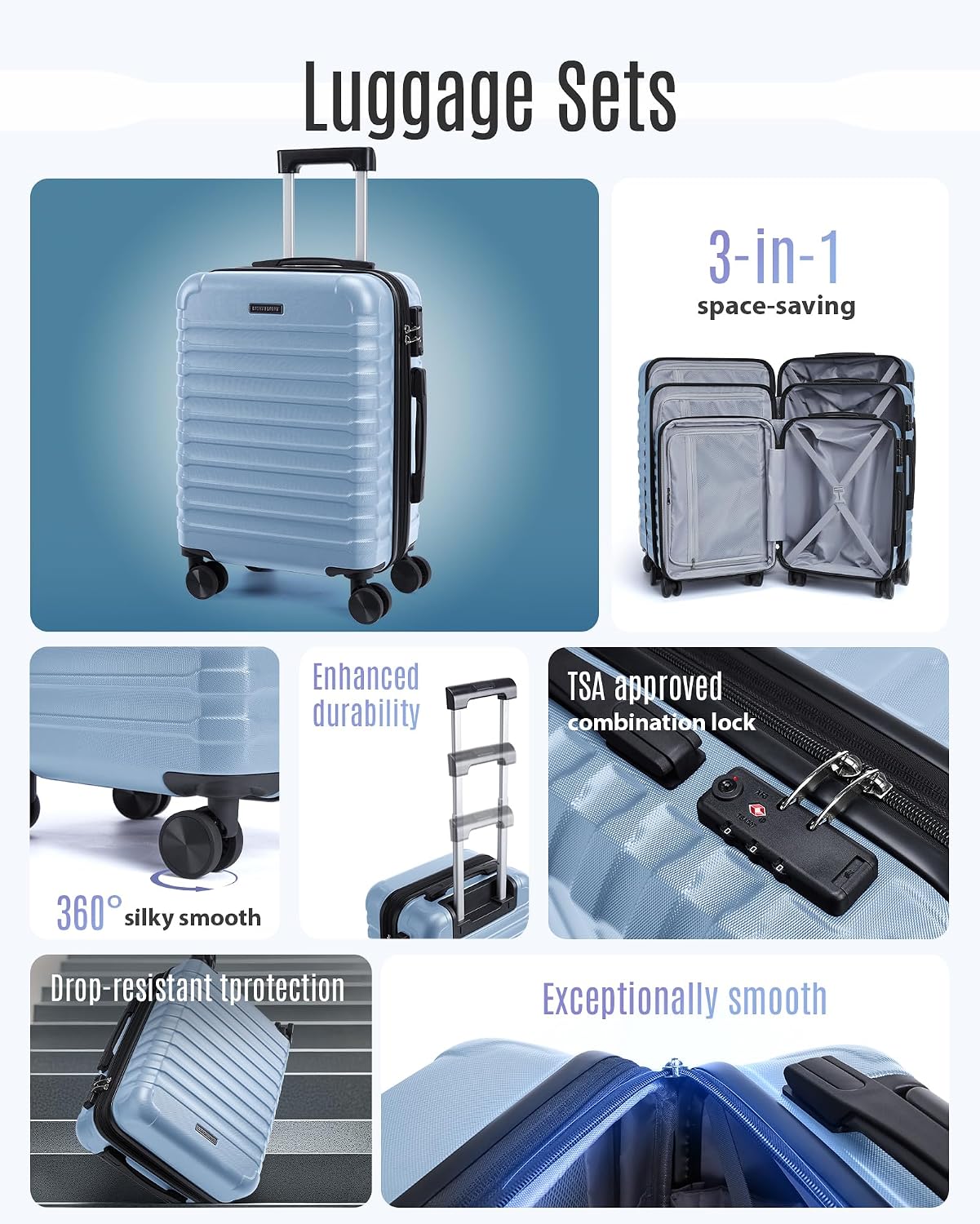 Thumbnail 2 de LIGHT FLIGHT 3-Piece Luggage Set: Durable ABS Hard Shell with 360° Wheels, TSA Lock, 20/24/28 Inch in Light Blue