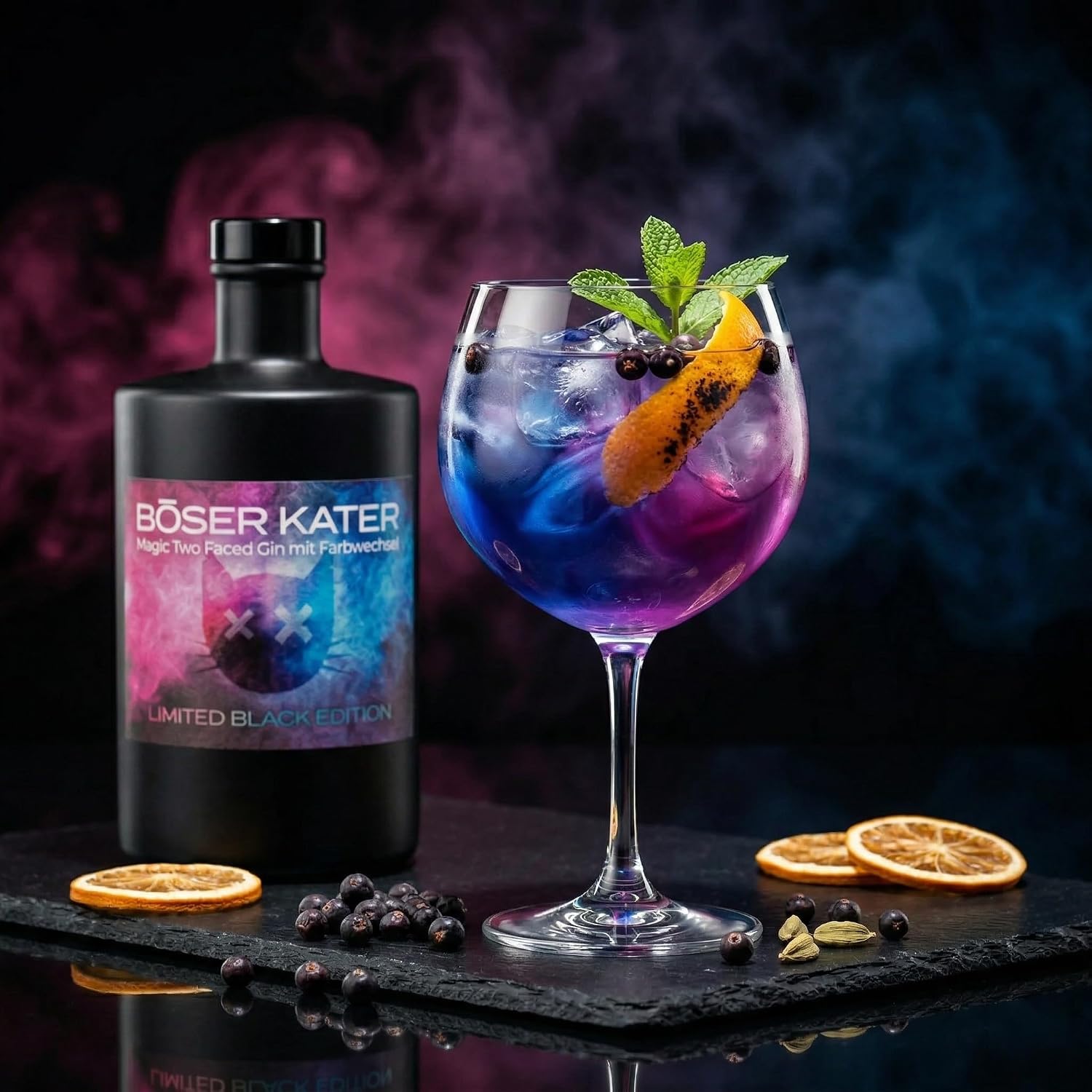 Thumbnail 2 de BÖSER KATER Limited Black Edition Magic Two Faced Gin Geschenkset – Farbwechsel-Gin mit 2 Gläsern