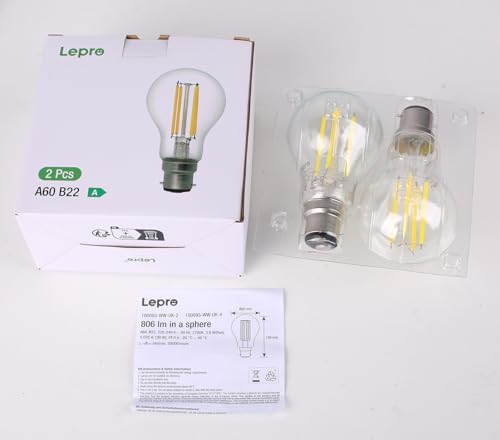 Thumbnail 8 de Lepro Bayonet Light Bulb A-Rated, 3.8W (60W), 806lm, Warm White – Pack of 2