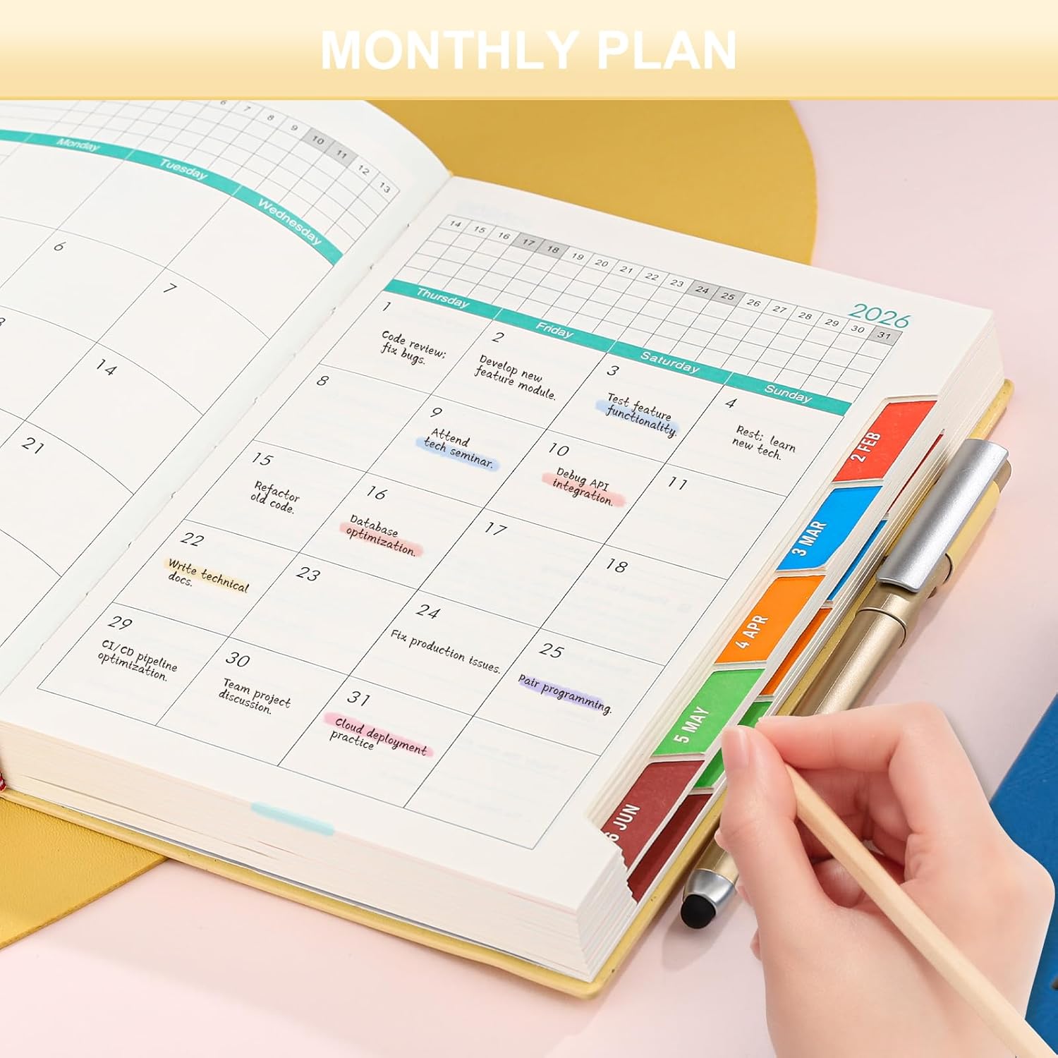 Thumbnail 6 de 2026 A5 Day-per-Page Diary (Jan–Dec 2026) with Pen Loop, Monthly Tabs and Inner Pocket